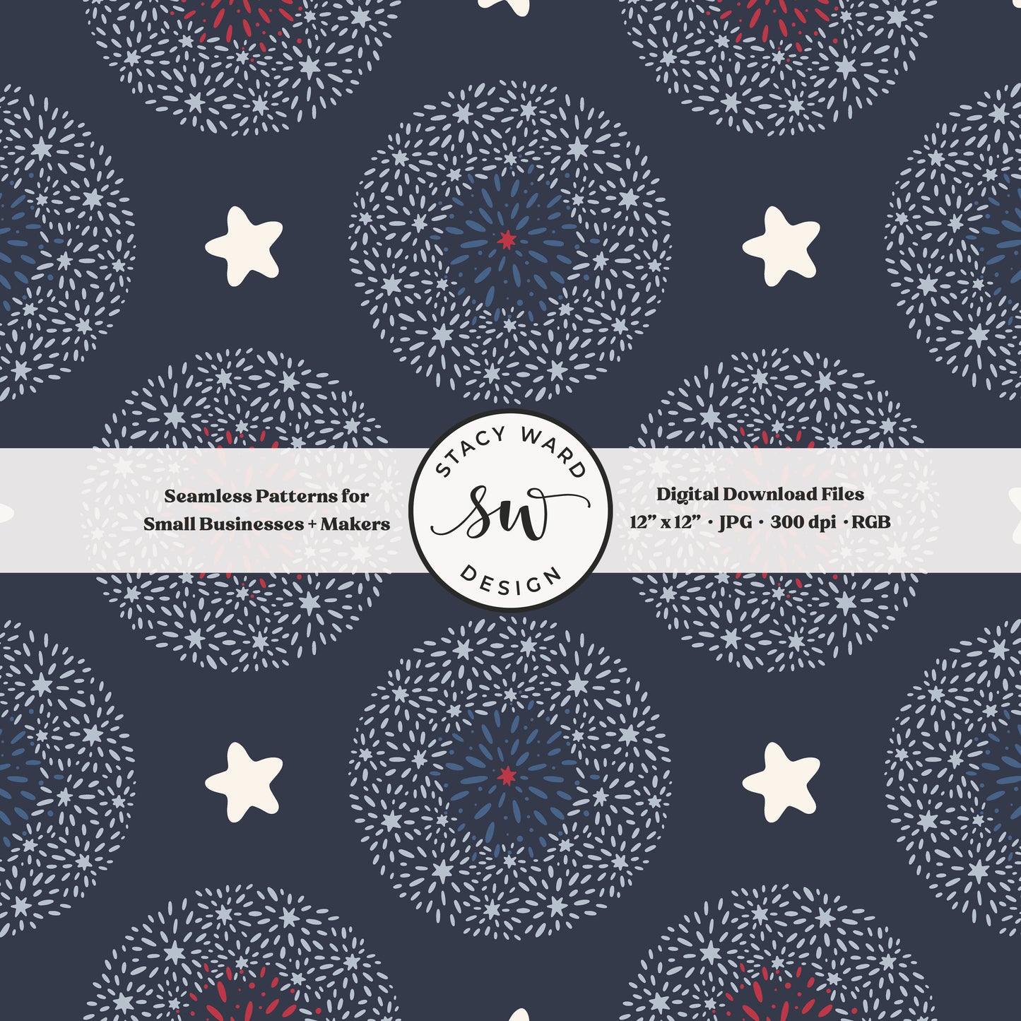 firework medallions and stars seamless pattern in red and white on dark navy patriotic americana heritage