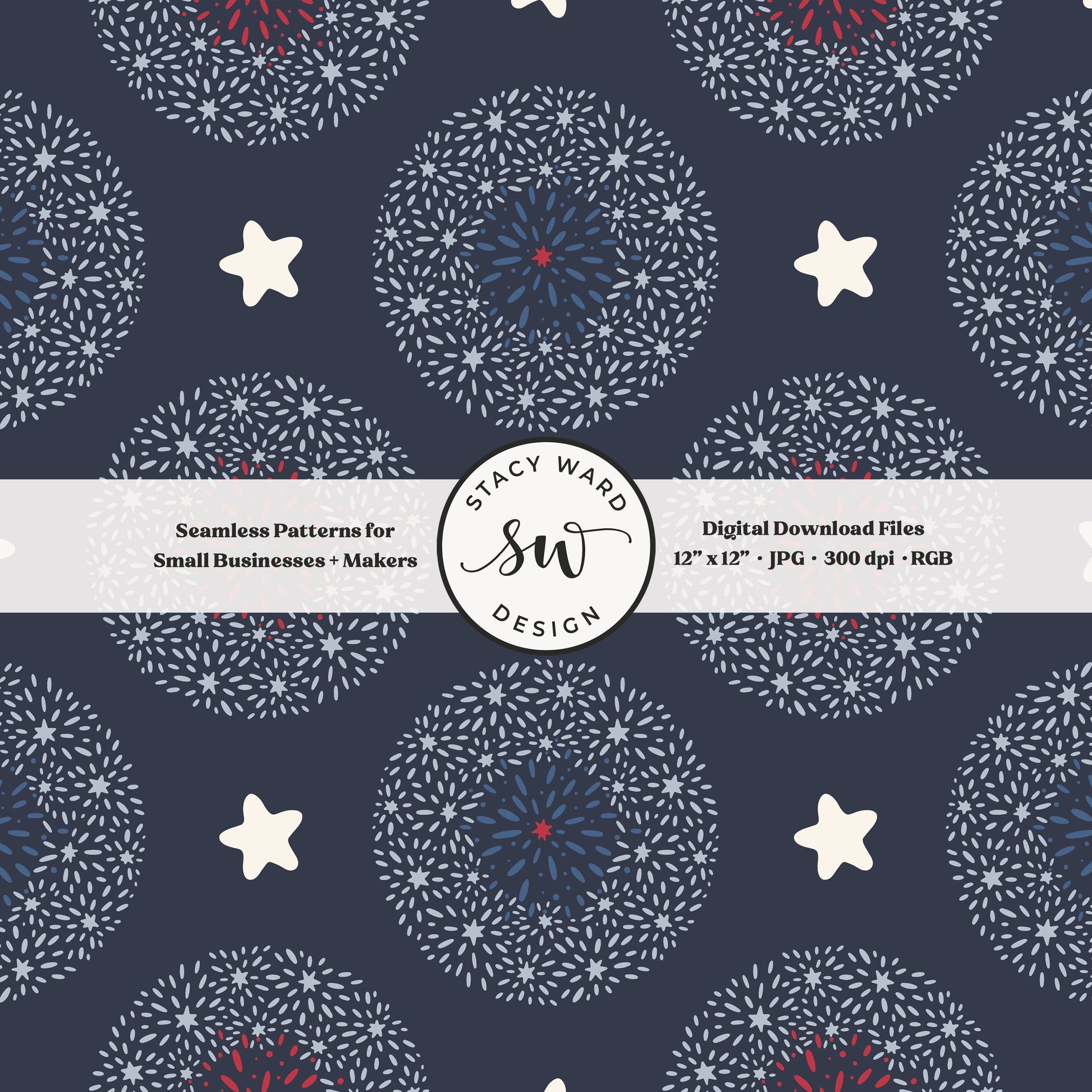 firework medallions and stars seamless pattern in red and white on dark navy patriotic americana heritage