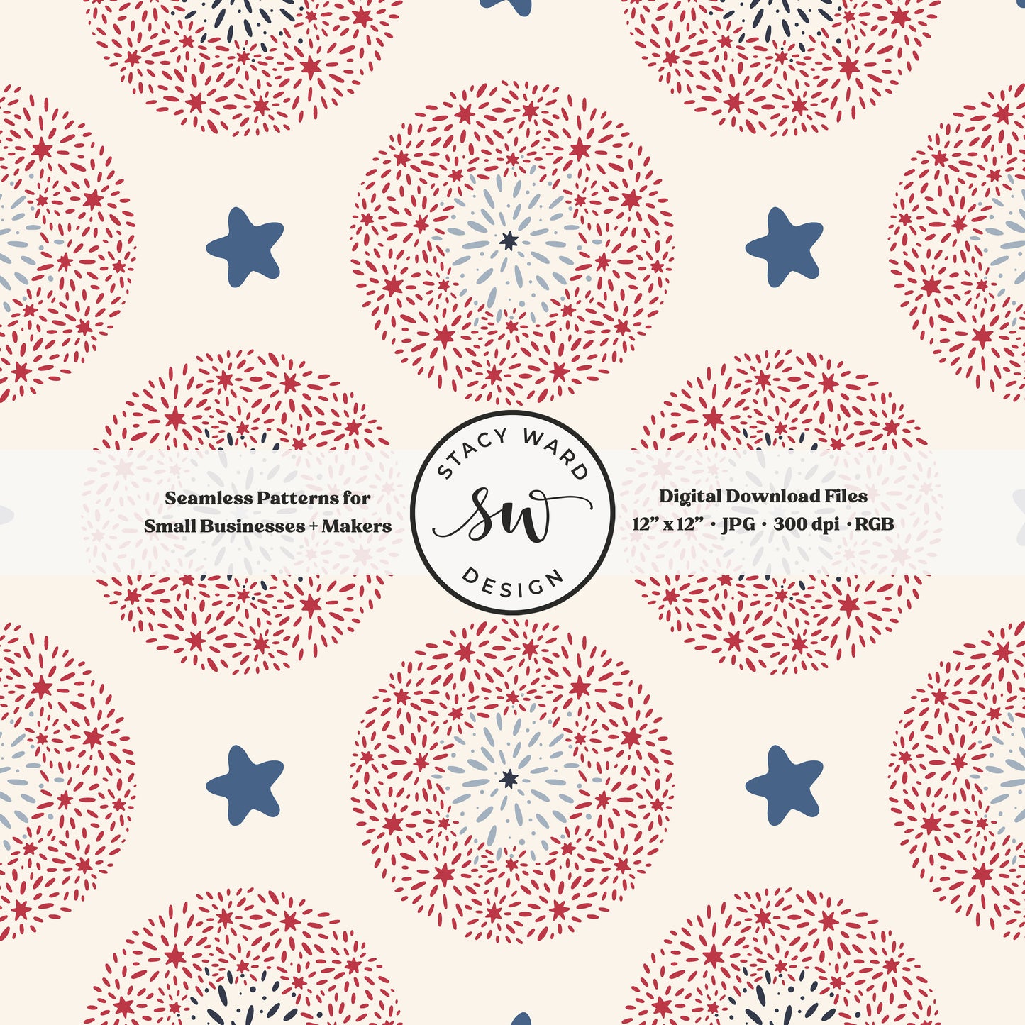 firework medallions and stars seamless pattern in red and blue on cream off white patriotic americana