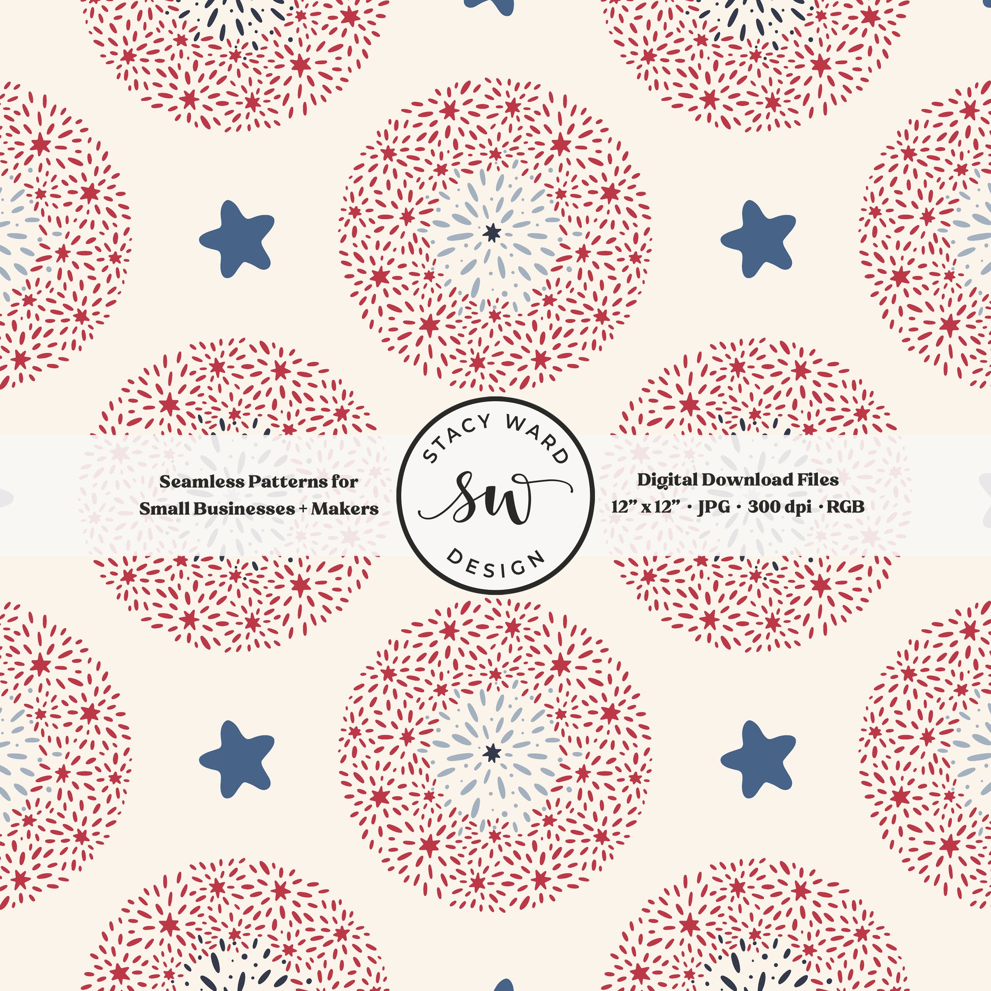 firework medallions and stars seamless pattern in red and blue on cream off white patriotic americana