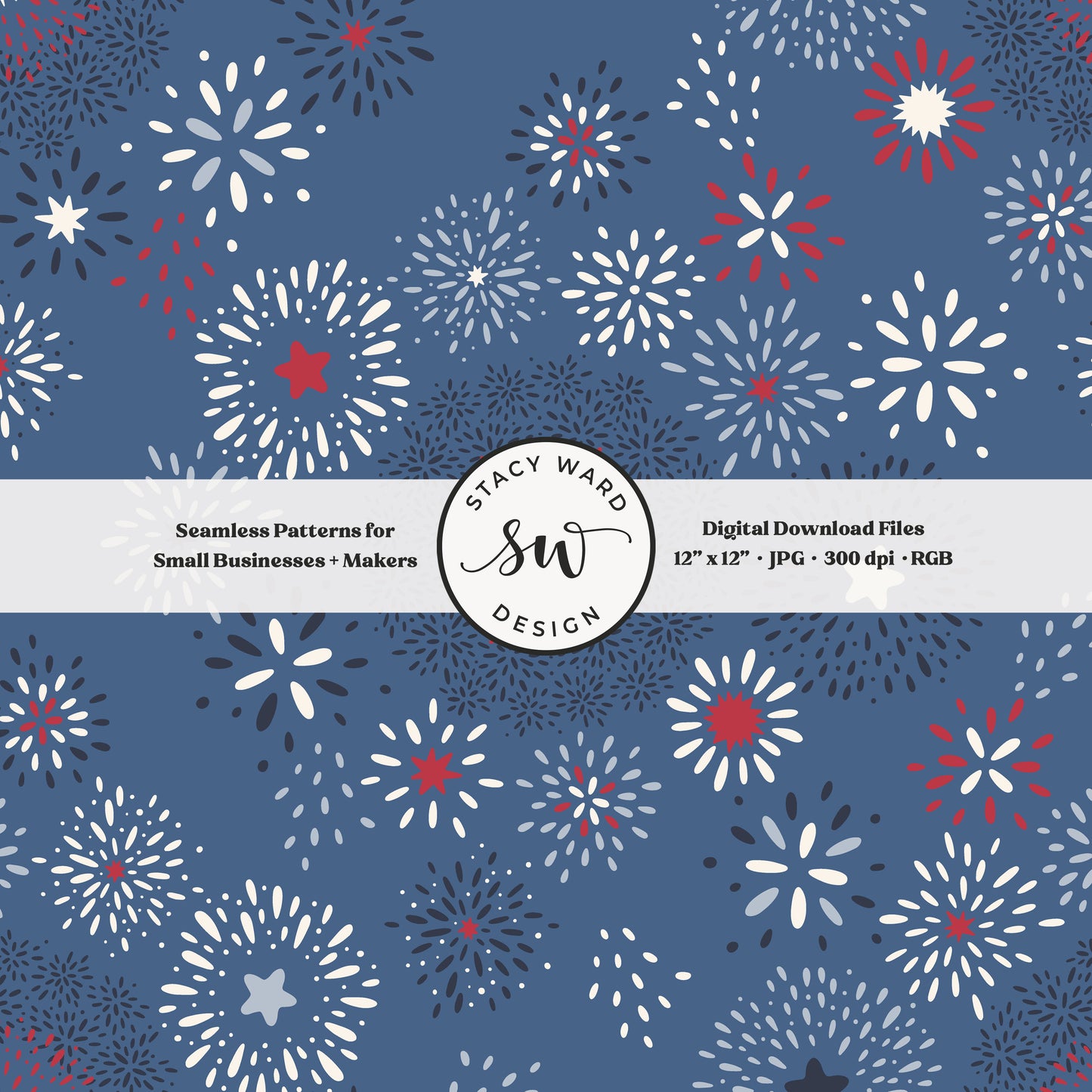 starburst firecracker seamless pattern in red and cream on retro teal blue patriotic fourth of july