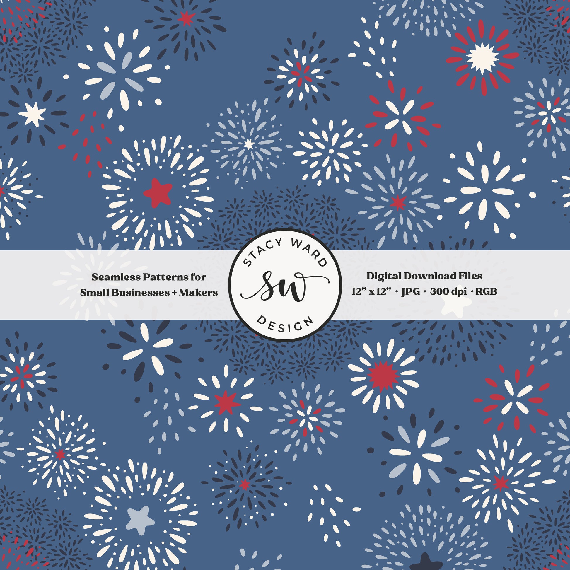 starburst firecracker seamless pattern in red and cream on retro teal blue patriotic fourth of july