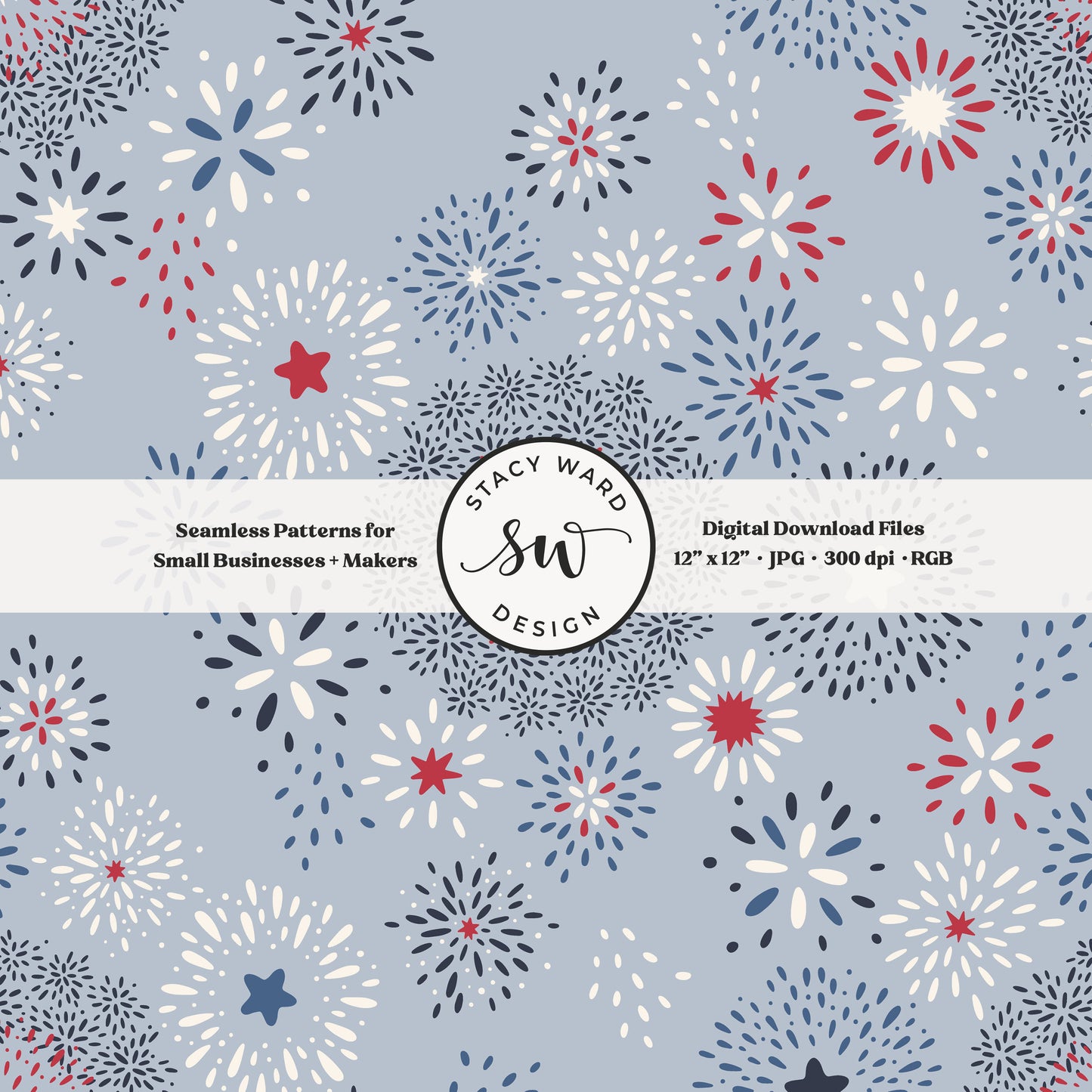 starburst firecracker seamless pattern in red and white on powder blue patriotic fourth of july