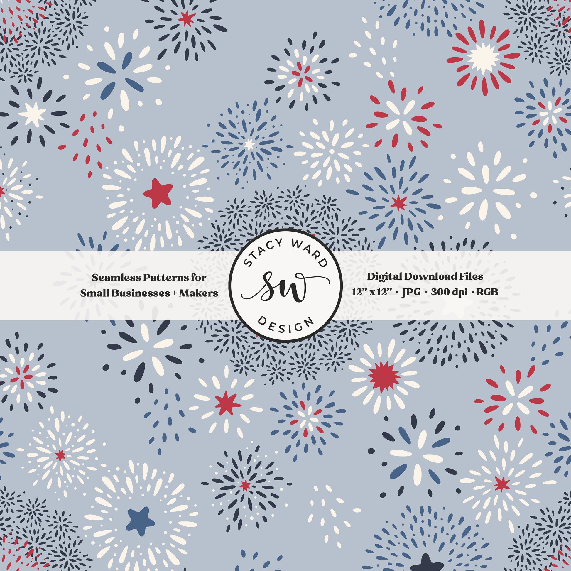 starburst firecracker seamless pattern in red and white on powder blue patriotic fourth of july
