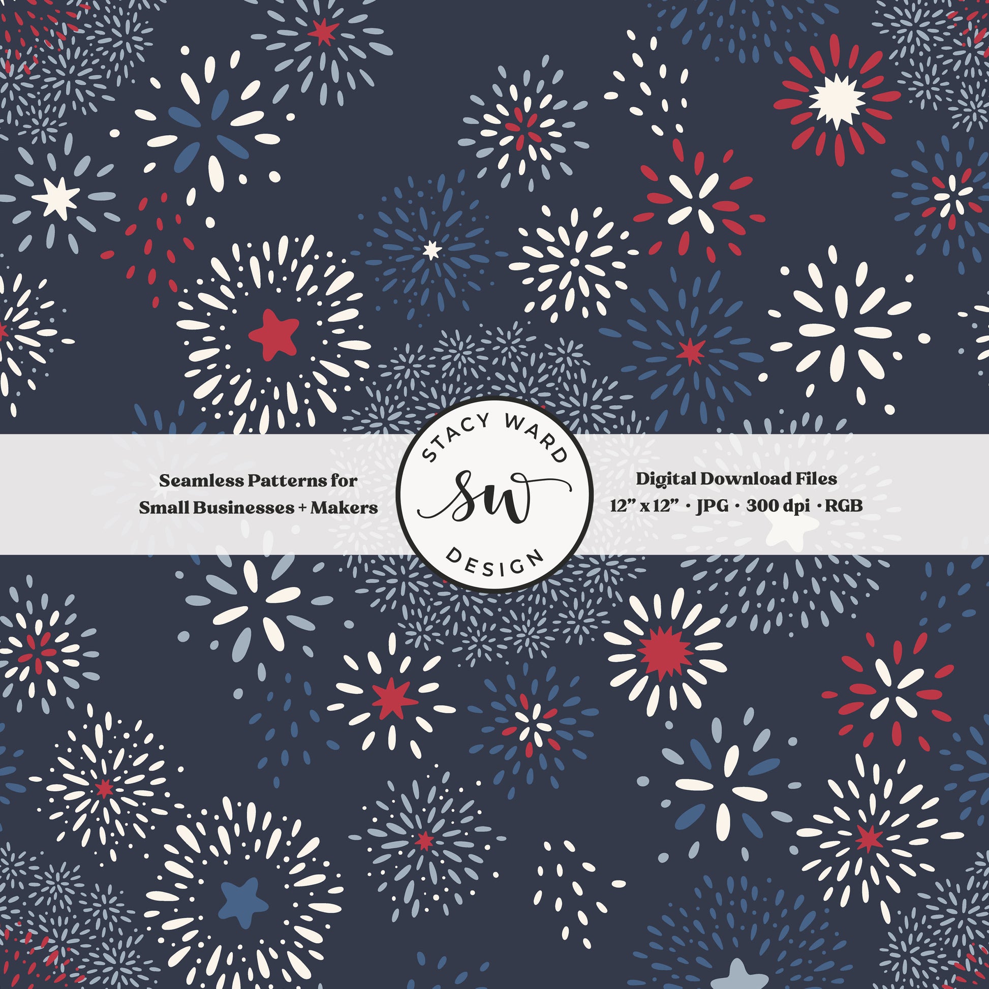 starburst firecracker seamless pattern in red and cream on dark navy patriotic fourth of july