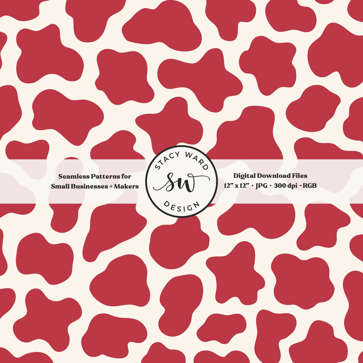 Hand drawn cow print seamless pattern in summer watermelon red on cream for a fun western cowboy theme aesthetic digital file for fabric printing