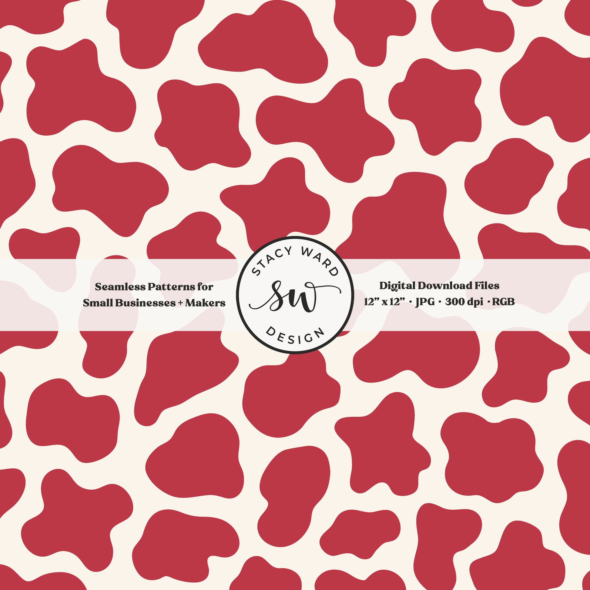 Hand drawn cow print seamless pattern in summer watermelon red on cream for a fun western cowboy theme aesthetic digital file for fabric printing
