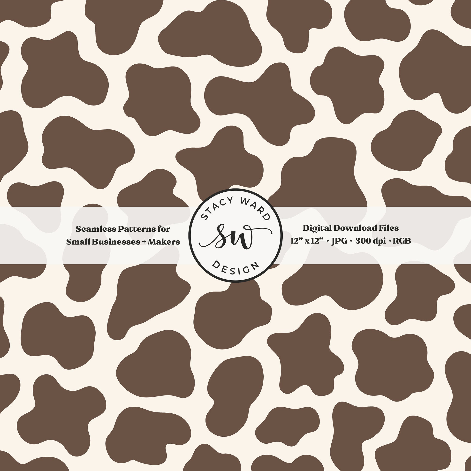 Hand drawn cow print seamless pattern in milk chocolate on cream for a fun western cowboy theme aesthetic digital file for fabric printing