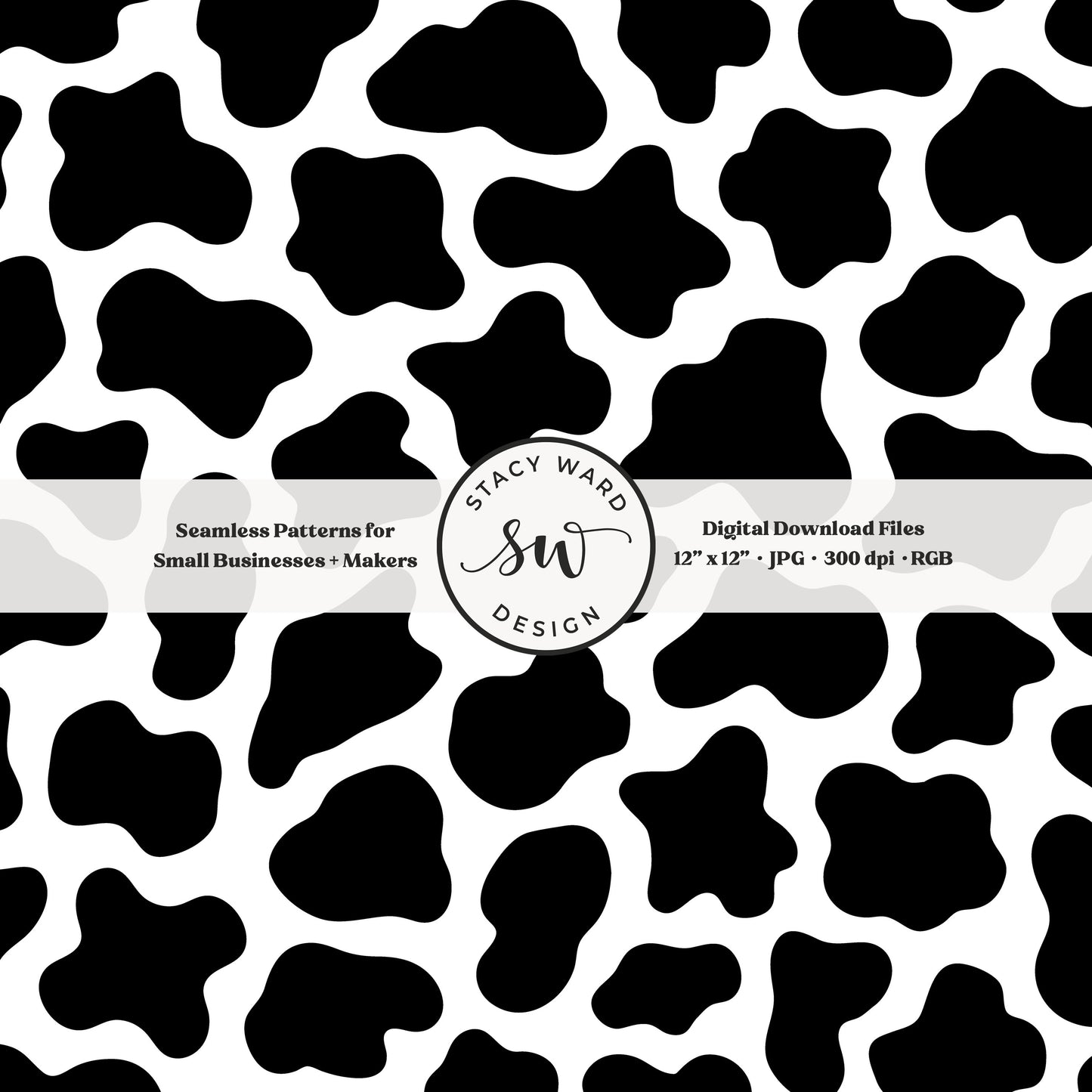 Hand drawn cow print seamless pattern in classic black on white for a fun western cowboy theme aesthetic digital file for fabric printing