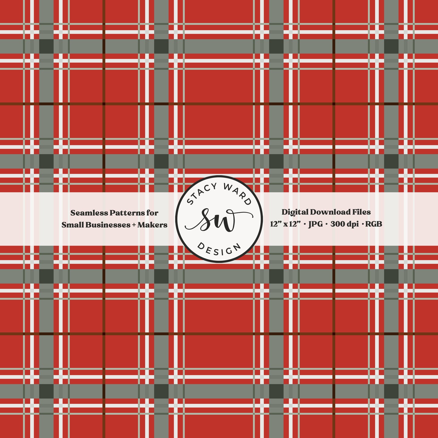 heritage tartan Christmas plaid seamless pattern in green gray and cream on bright red classic holiday check
