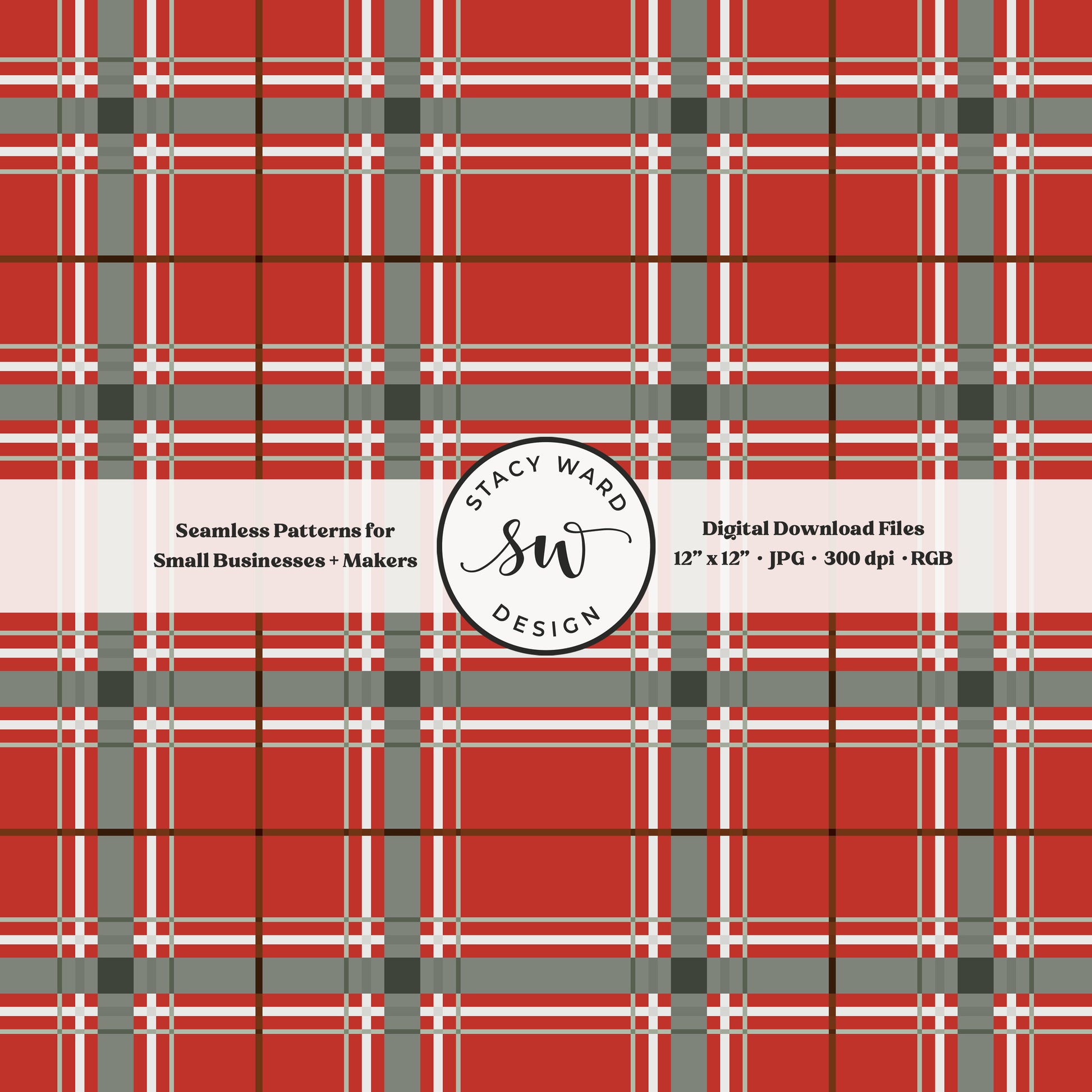 heritage tartan Christmas plaid seamless pattern in green gray and cream on bright red classic holiday check