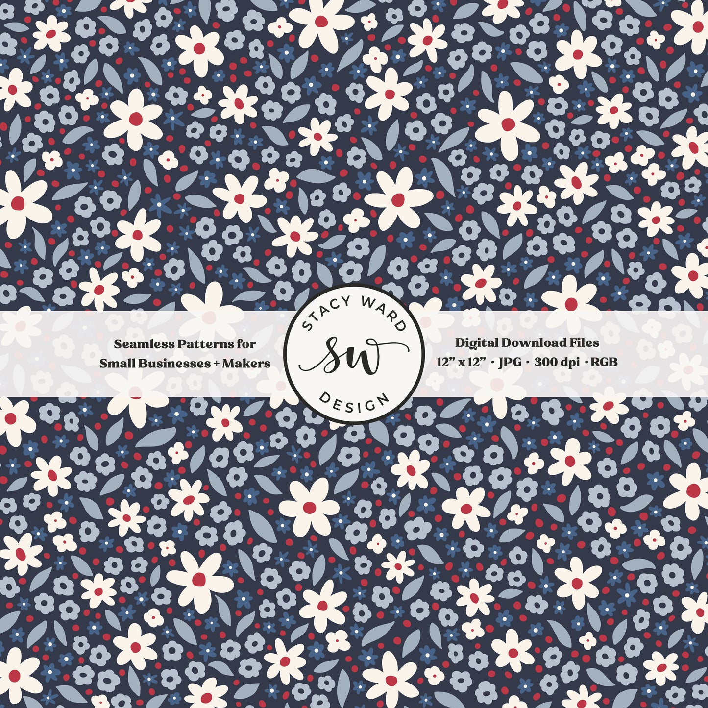 ditsy daisy floral seamless pattern in white red and blue on deep navy tiny scattered patriotic wildflowers