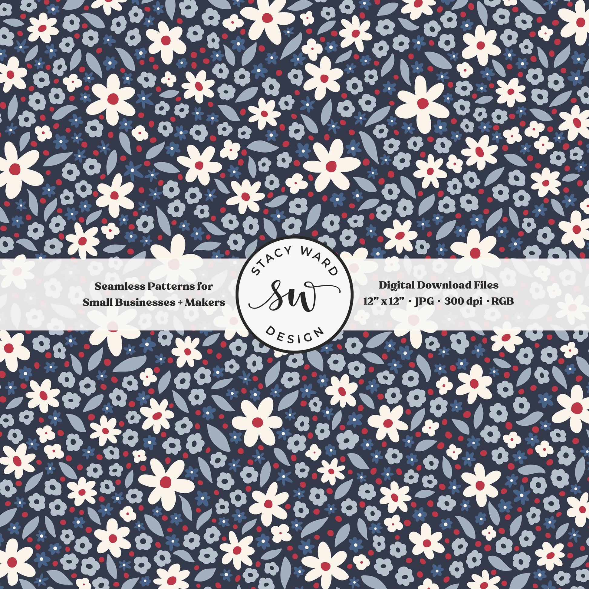 ditsy daisy floral seamless pattern in white red and blue on deep navy tiny scattered patriotic wildflowers