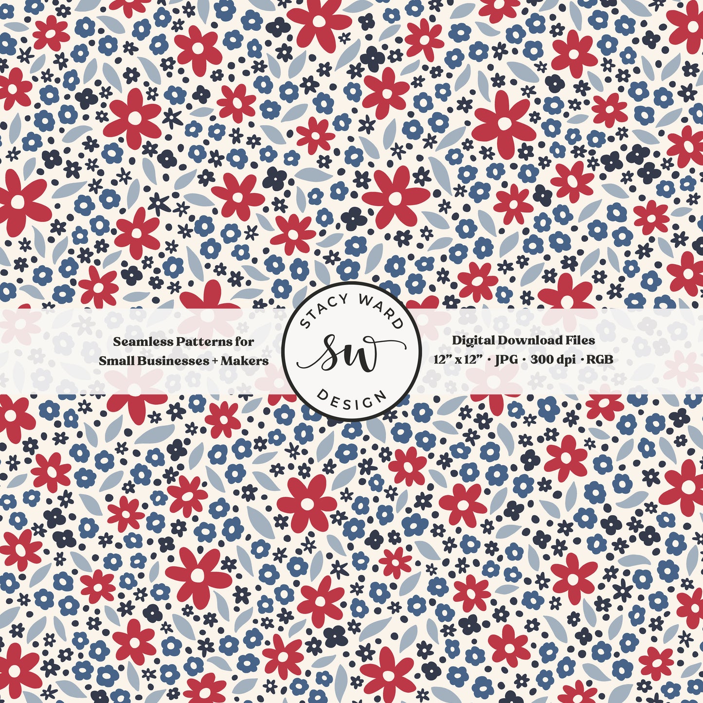 ditsy daisy floral seamless pattern in red and blue on light cream fourth of july patriotic scattered wildflowers