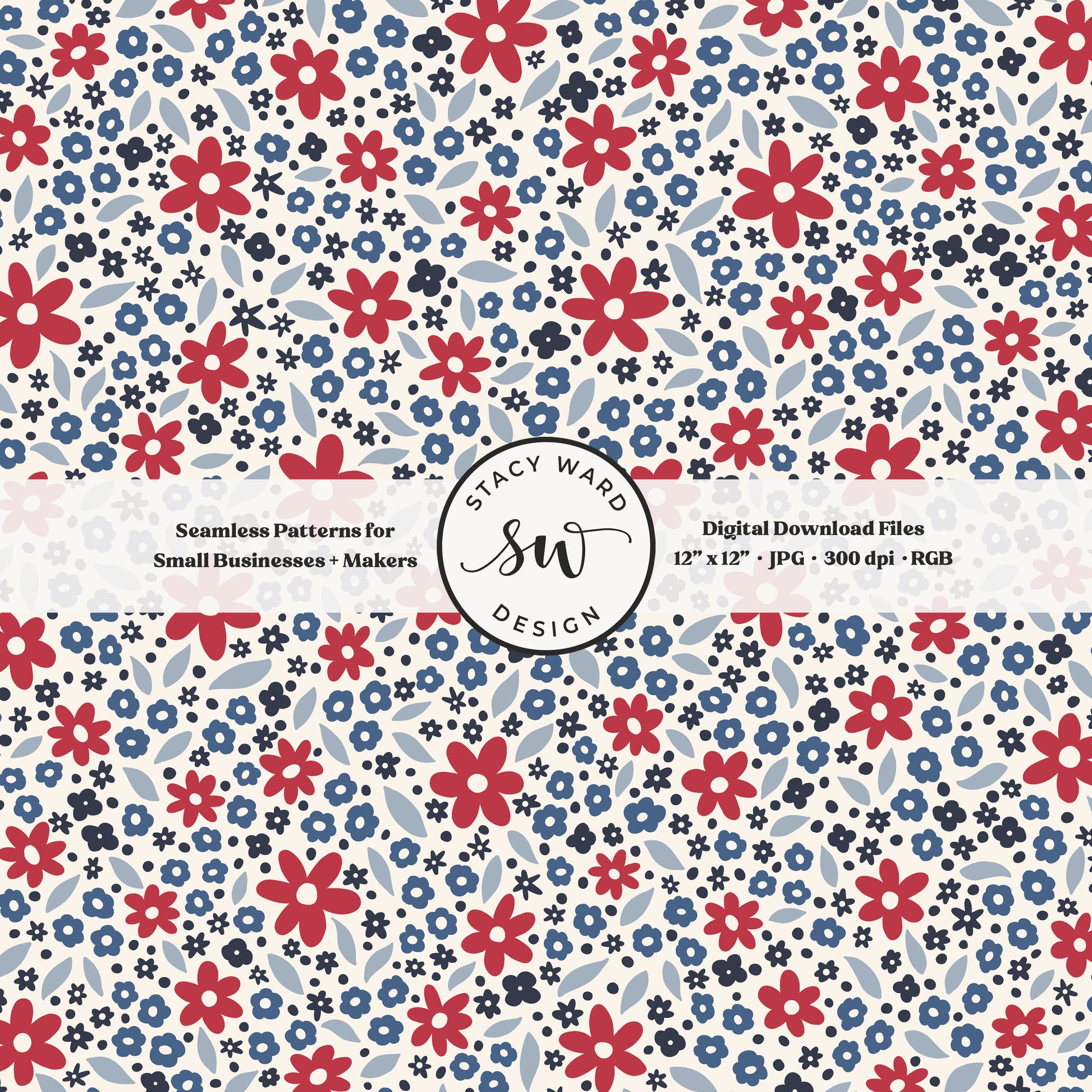 ditsy daisy floral seamless pattern in red and blue on light cream fourth of july patriotic scattered wildflowers