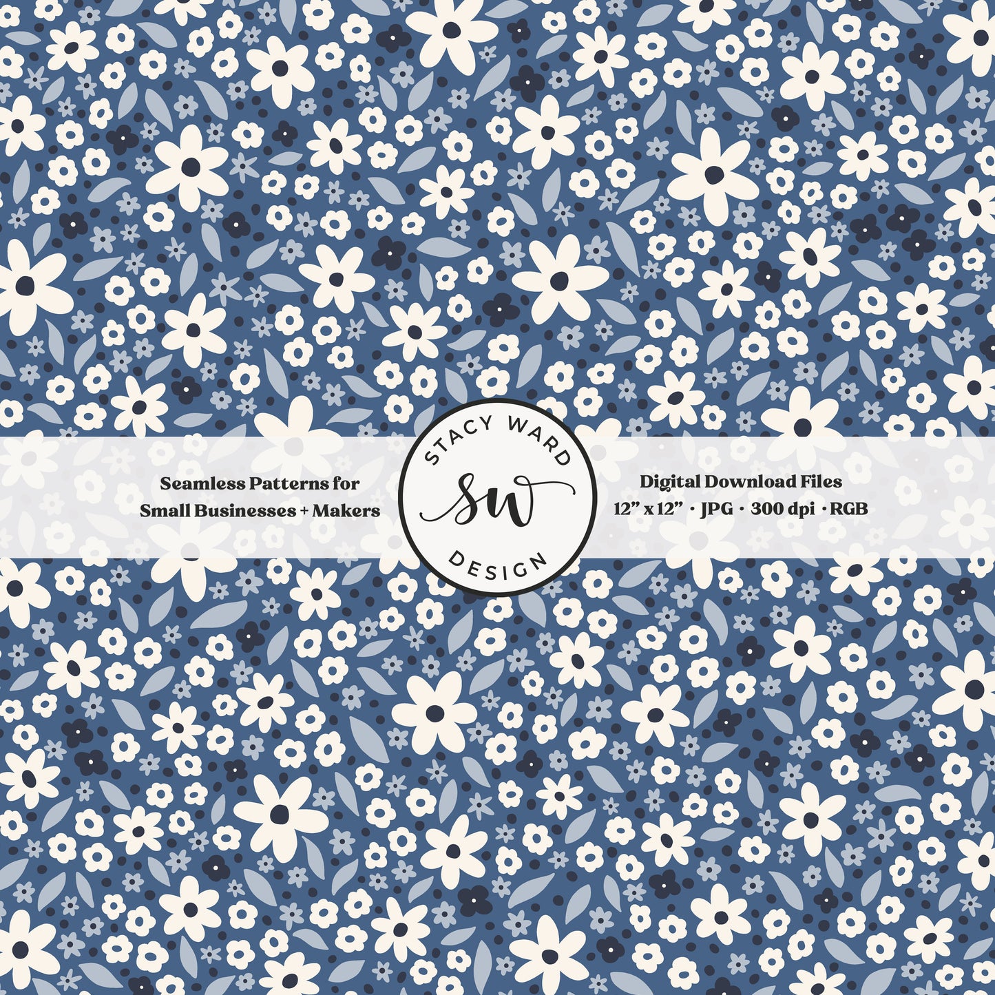 ditsy daisy floral seamless pattern in white and blue on soft denim blue coastal patriotic wildflowers