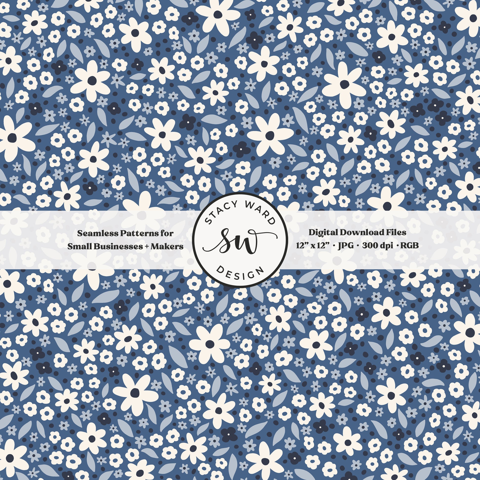 ditsy daisy floral seamless pattern in white and blue on soft denim blue coastal patriotic wildflowers
