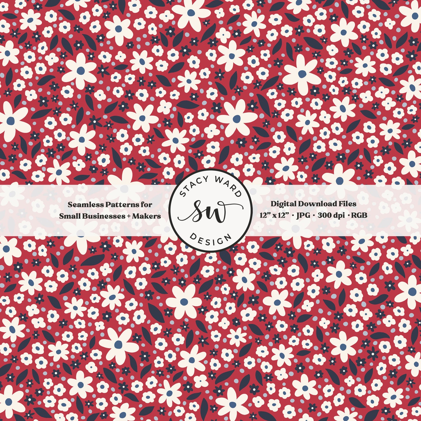 ditsy daisy floral seamless pattern in white and navy on bright red patriotic americana scattered daisies
