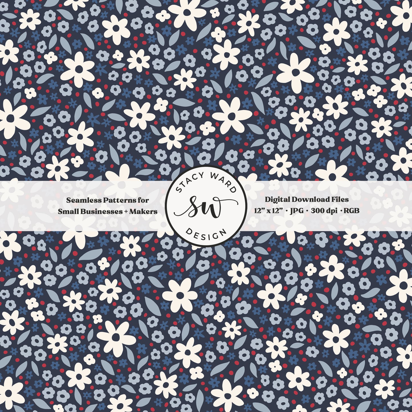 ditsy daisy floral seamless pattern in white and red on deep navy patriotic americana tossed wildflowers
