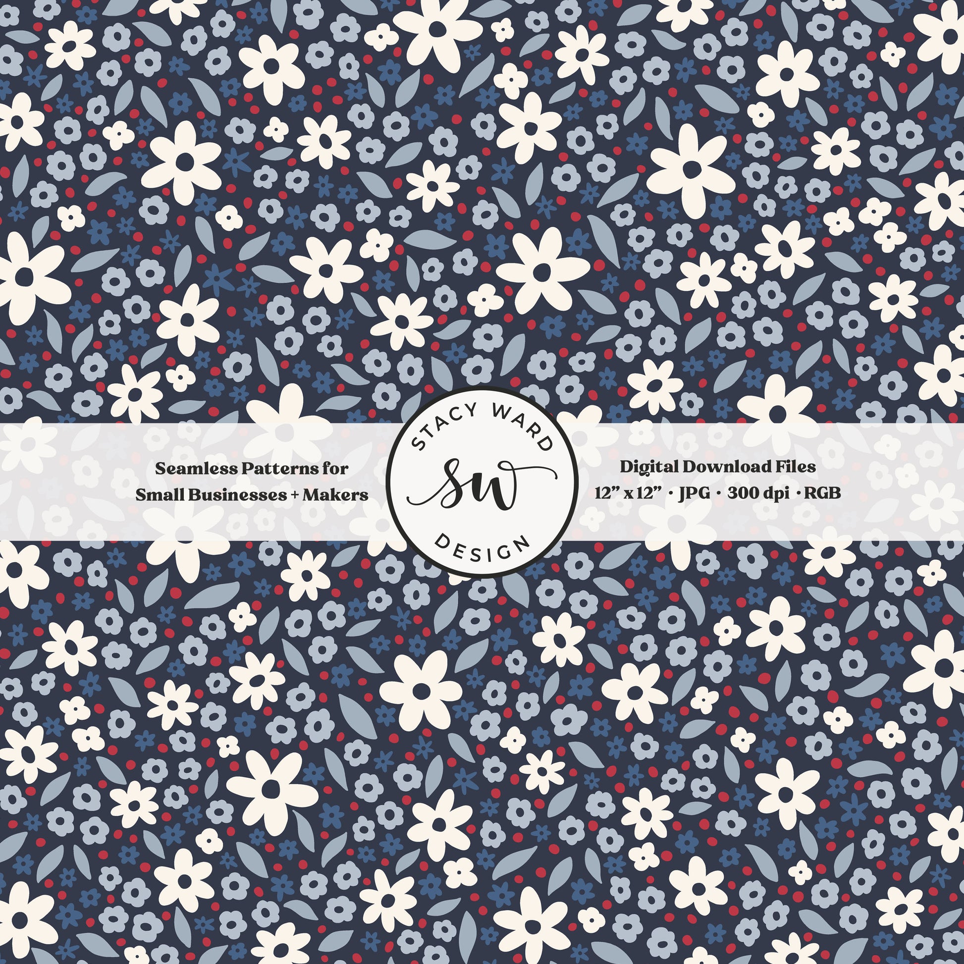 ditsy daisy floral seamless pattern in white and red on deep navy patriotic americana tossed wildflowers