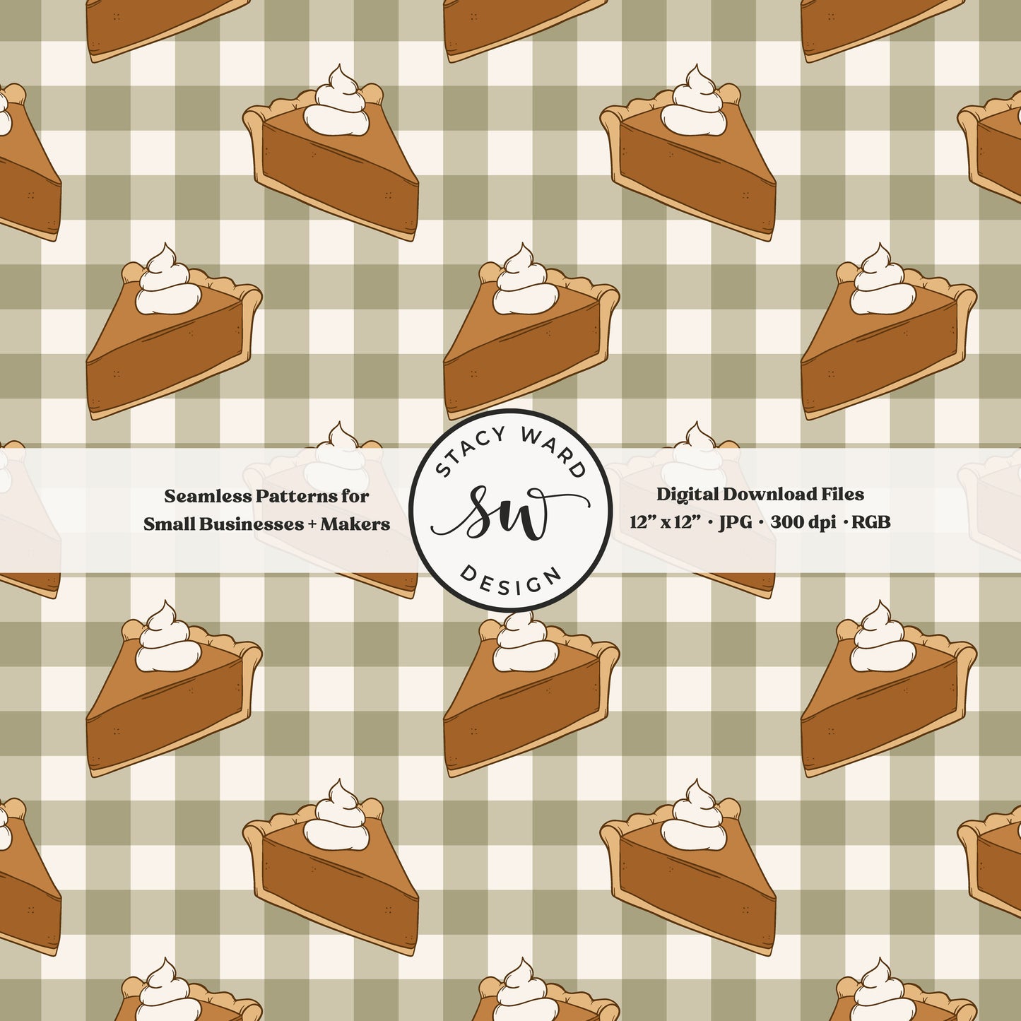 Thanksgiving dessert seamless pattern in a cozy fall style on sage green gingham with pumpkin pie slices and fluffy whipped cream