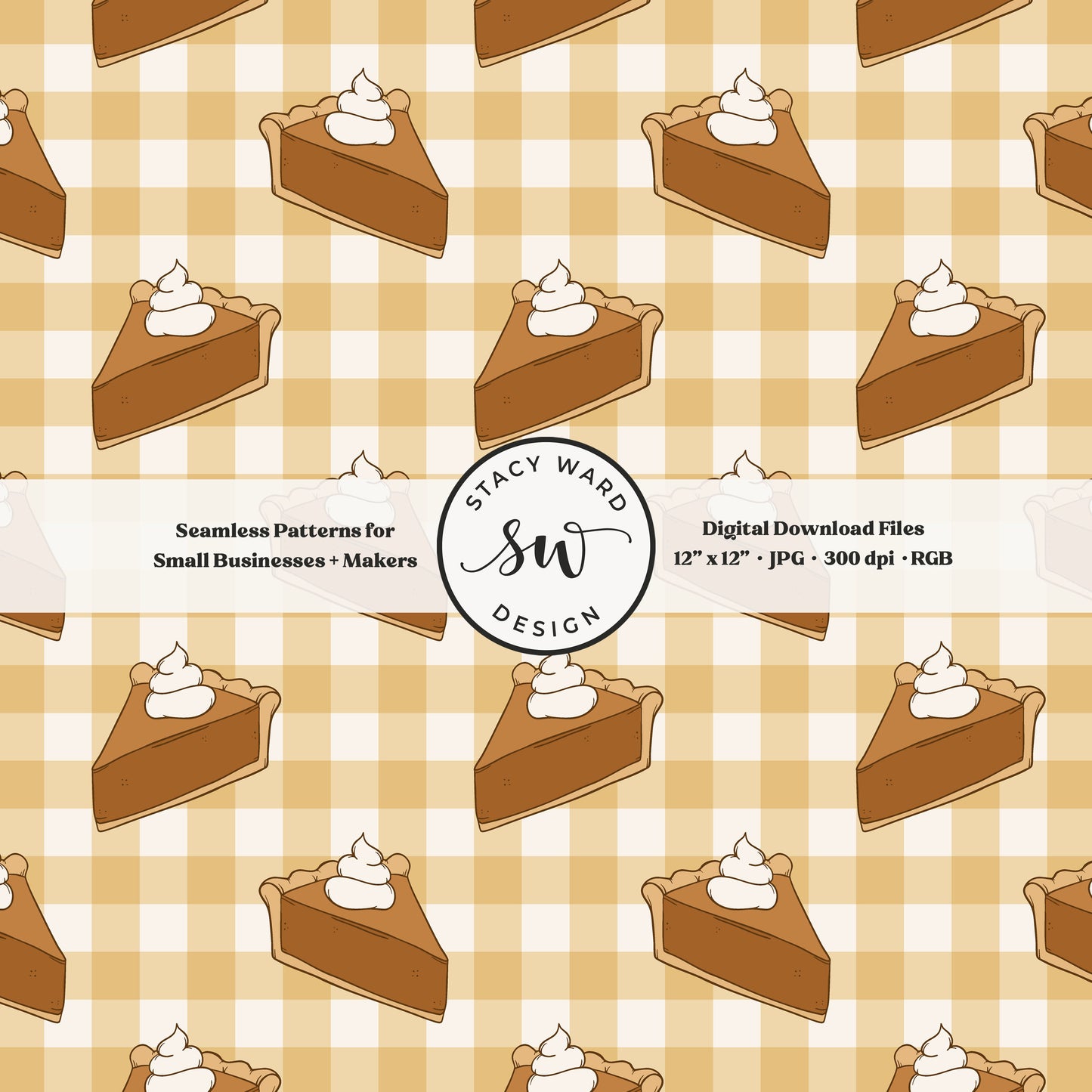 Thanksgiving dessert seamless pattern in a cozy fall style on soft yellow gingham with pumpkin pie slices and fluffy whipped cream