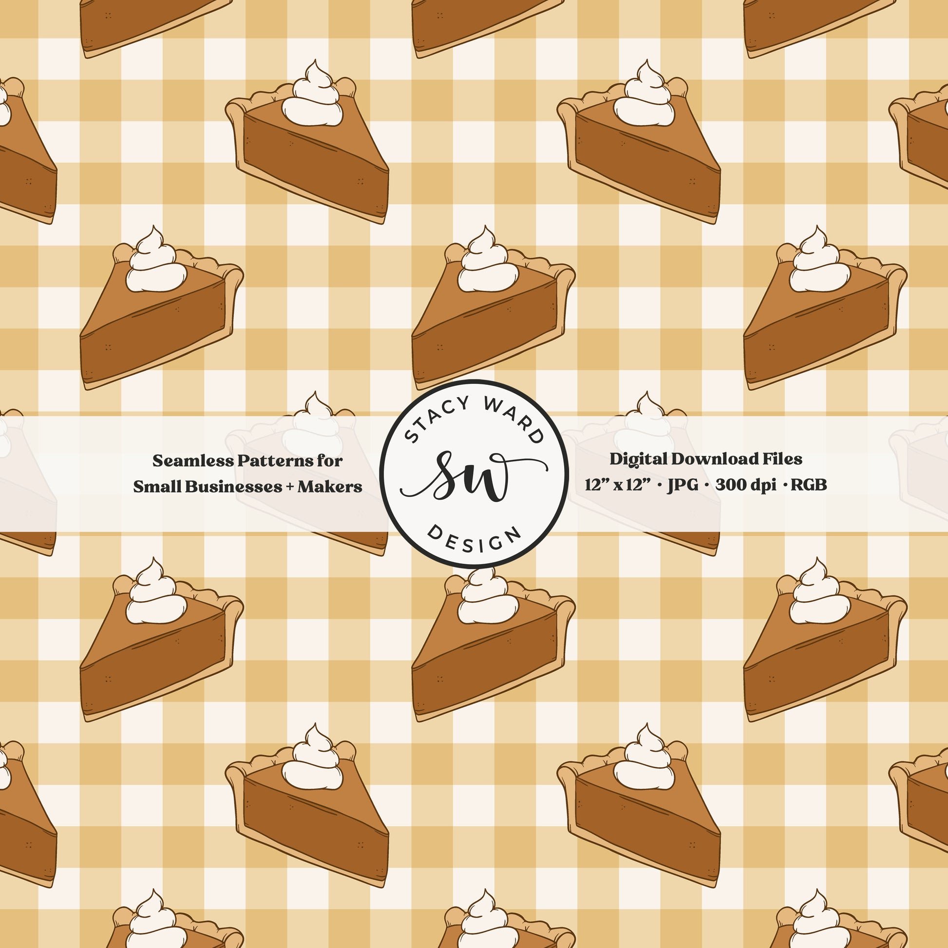 Thanksgiving dessert seamless pattern in a cozy fall style on soft yellow gingham with pumpkin pie slices and fluffy whipped cream