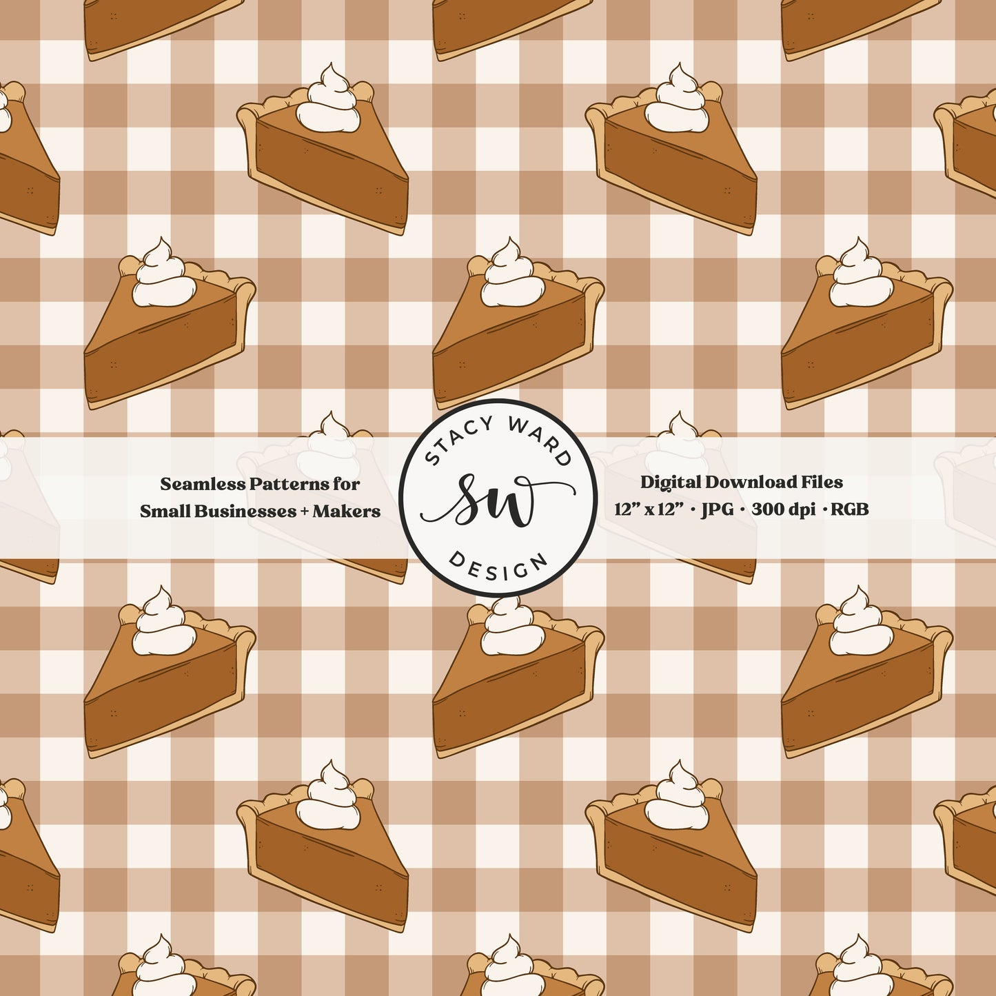 Thanksgiving dessert seamless pattern in a cozy fall style on warm beige gingham with pumpkin pie slices and fluffy whipped cream