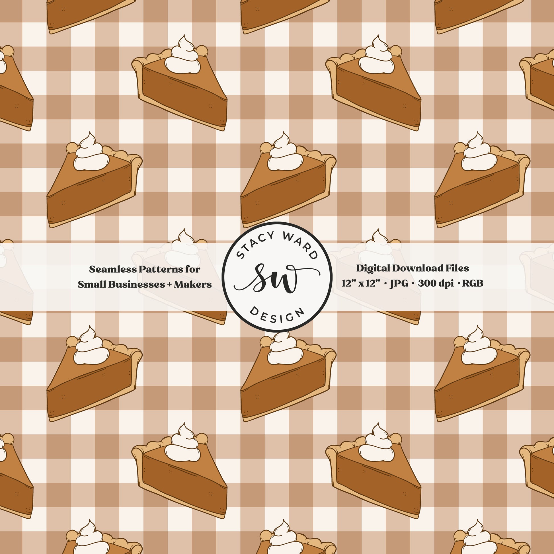Thanksgiving dessert seamless pattern in a cozy fall style on warm beige gingham with pumpkin pie slices and fluffy whipped cream
