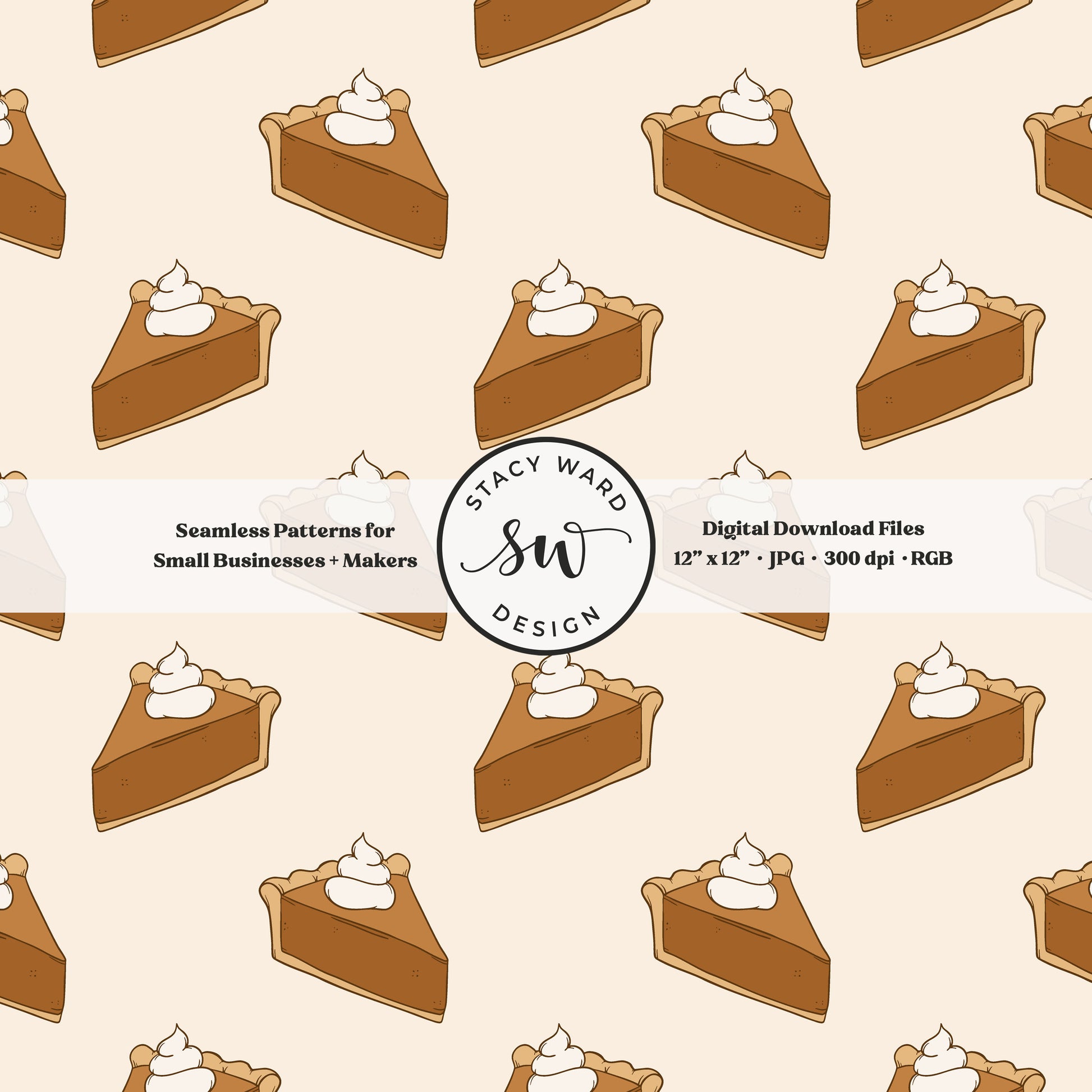 Thanksgiving dessert seamless pattern in a cozy fall style on creamy off white with pumpkin pie slices and fluffy whipped cream