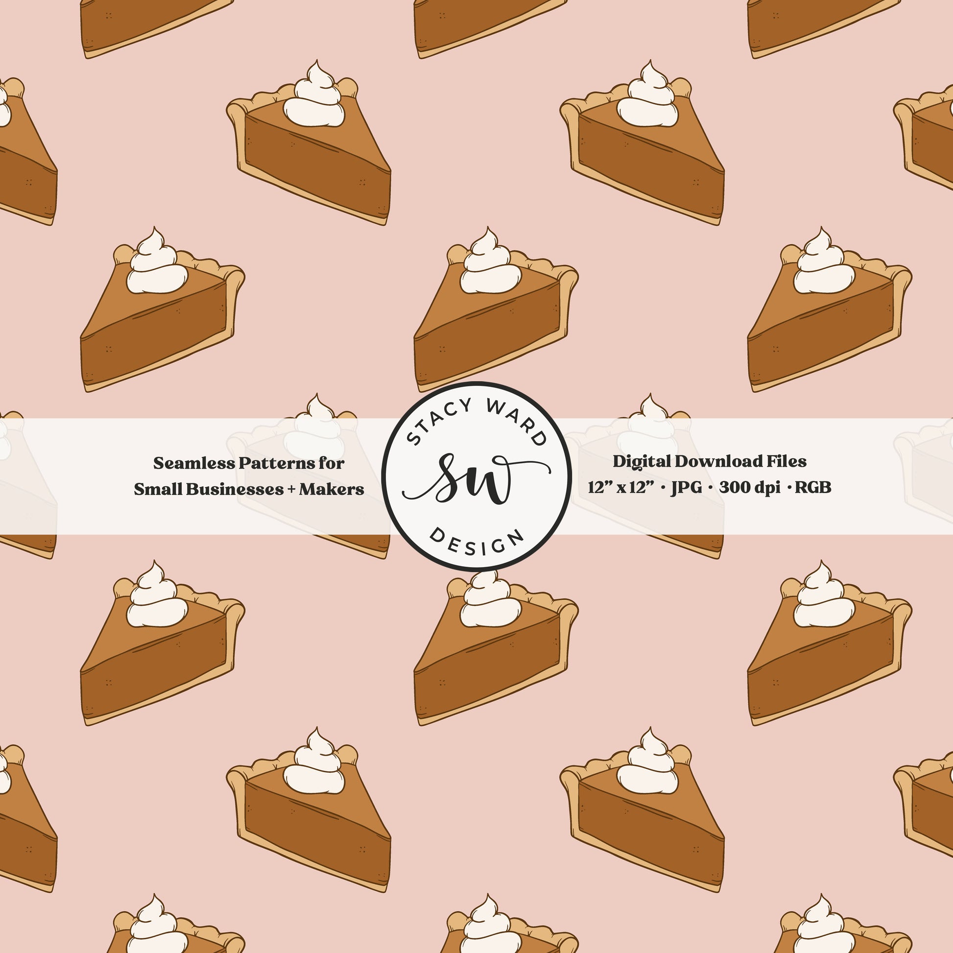 Thanksgiving dessert seamless pattern in a cozy fall style on soft blush pink with pumpkin pie slices and fluffy whipped cream