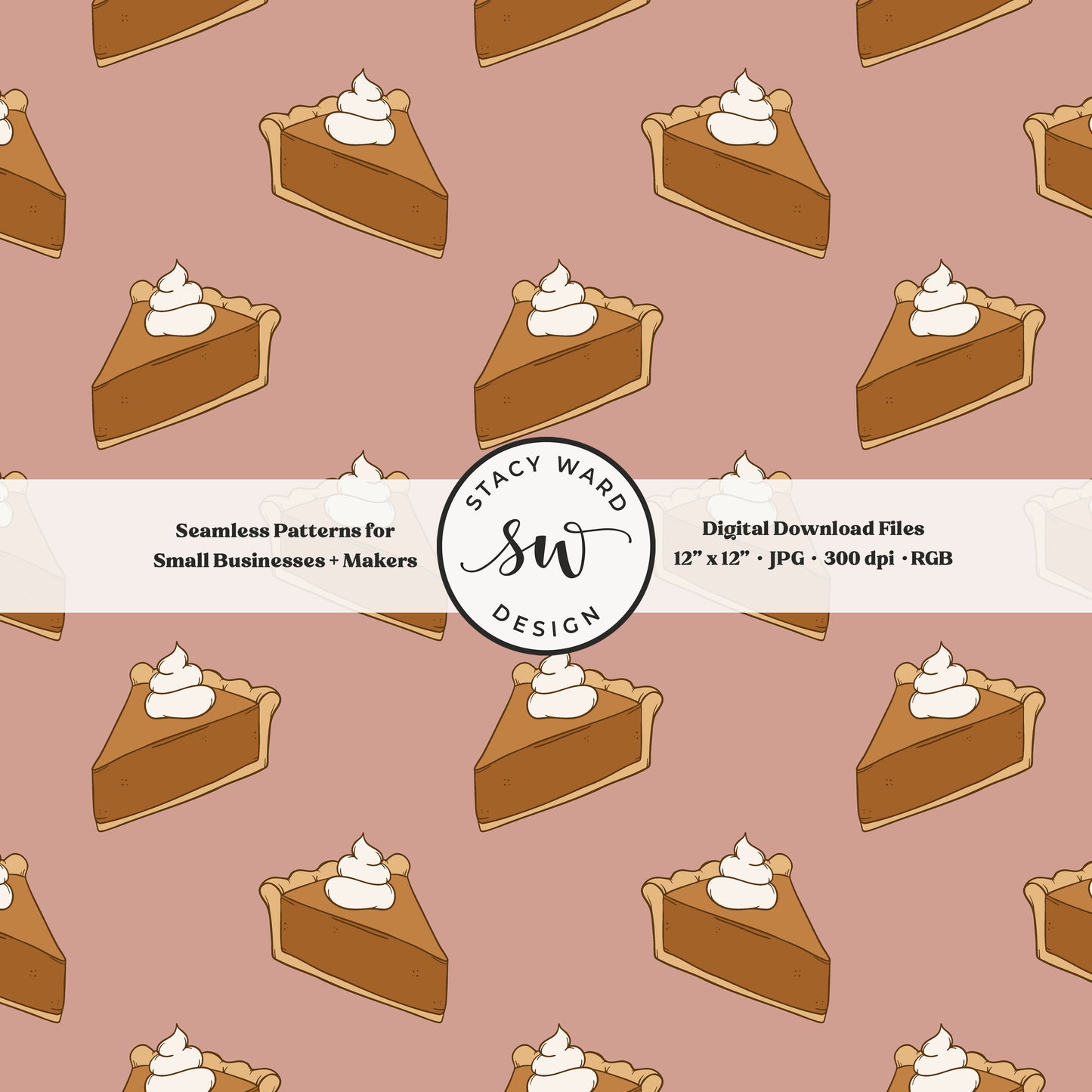 Thanksgiving dessert seamless pattern in a cozy fall style on muted dusty rose with pumpkin pie slices and fluffy whipped cream
