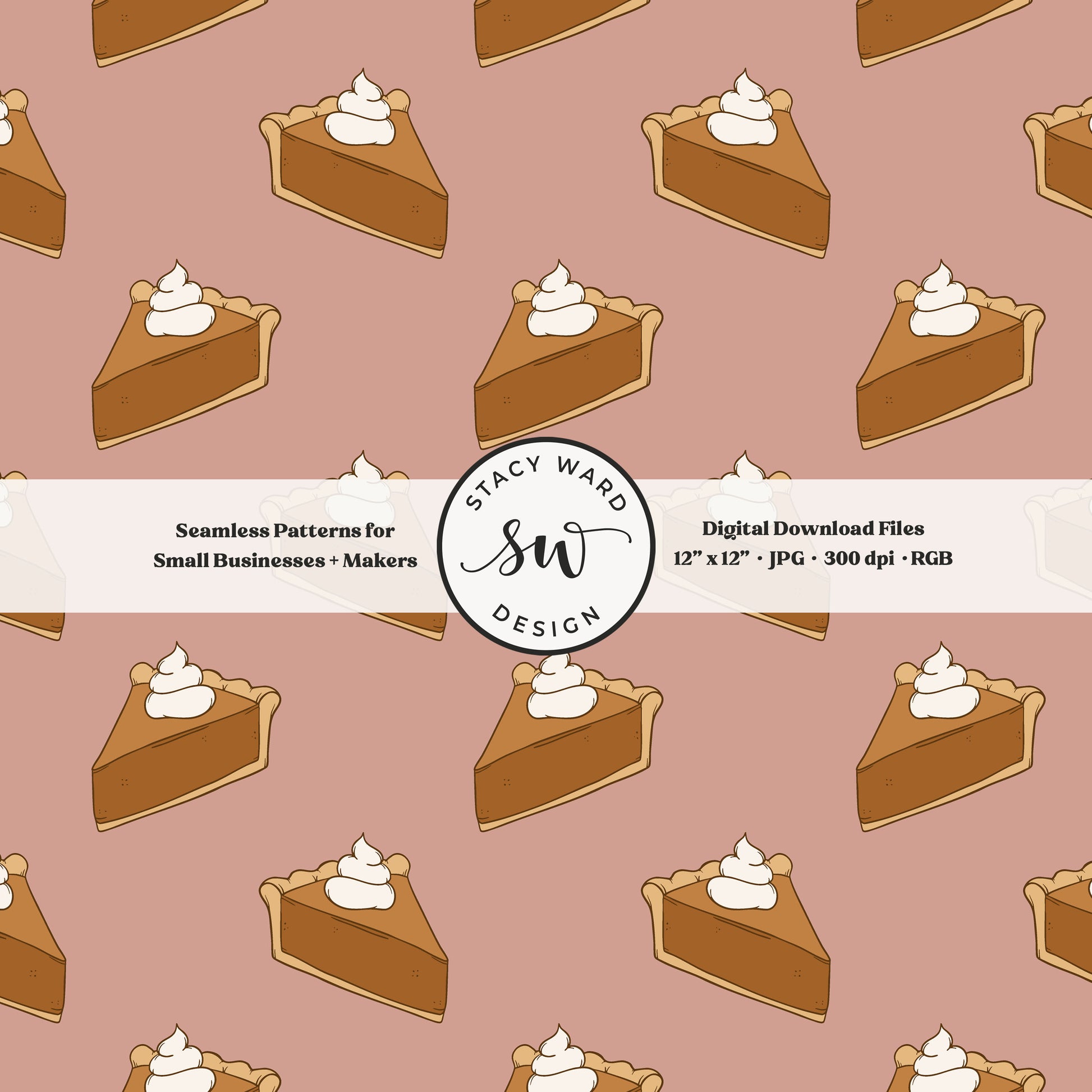 Thanksgiving dessert seamless pattern in a cozy fall style on muted dusty rose with pumpkin pie slices and fluffy whipped cream