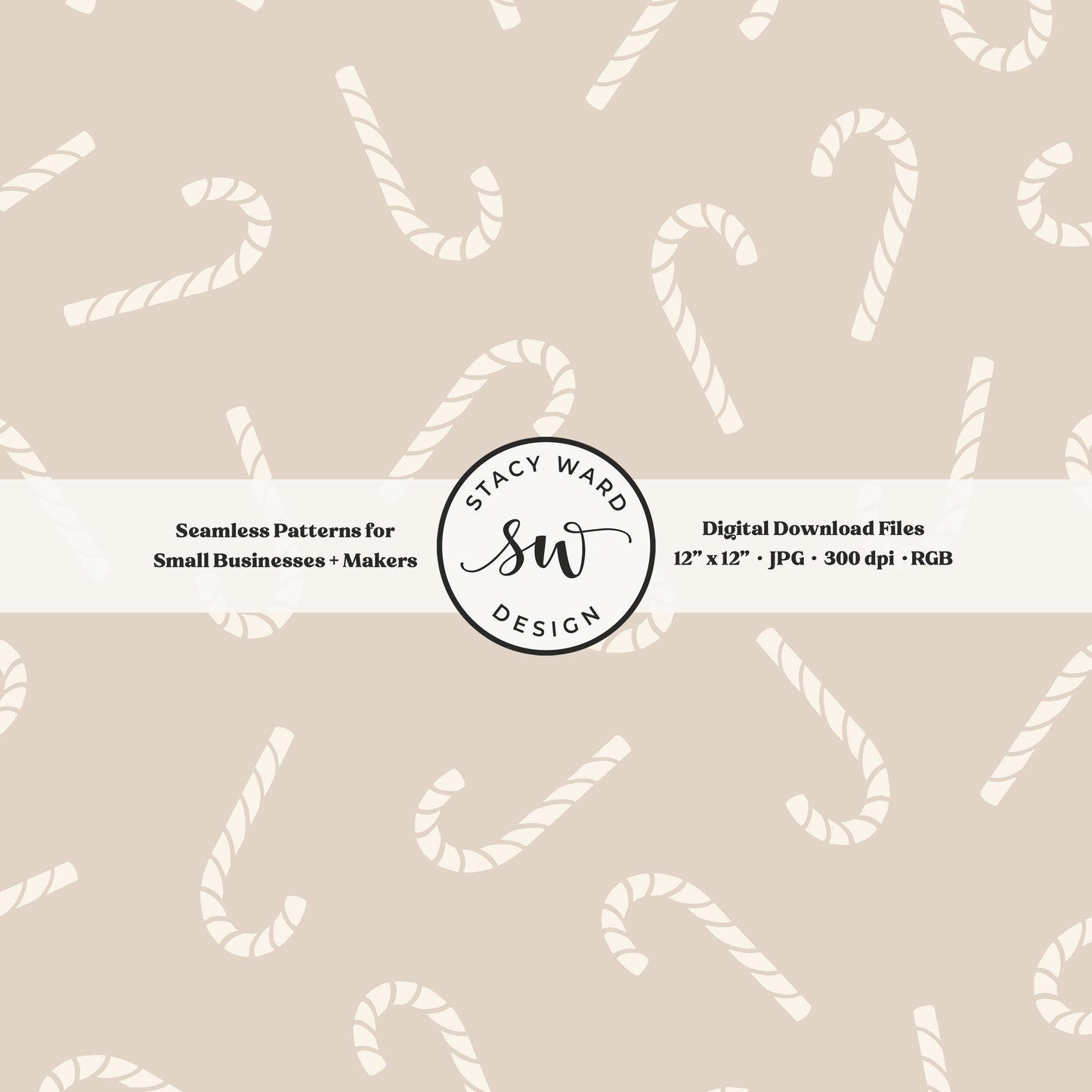 Scandinavian style candy canes seamless pattern in cream on soft brown for a whimsical, tossed allover winter print