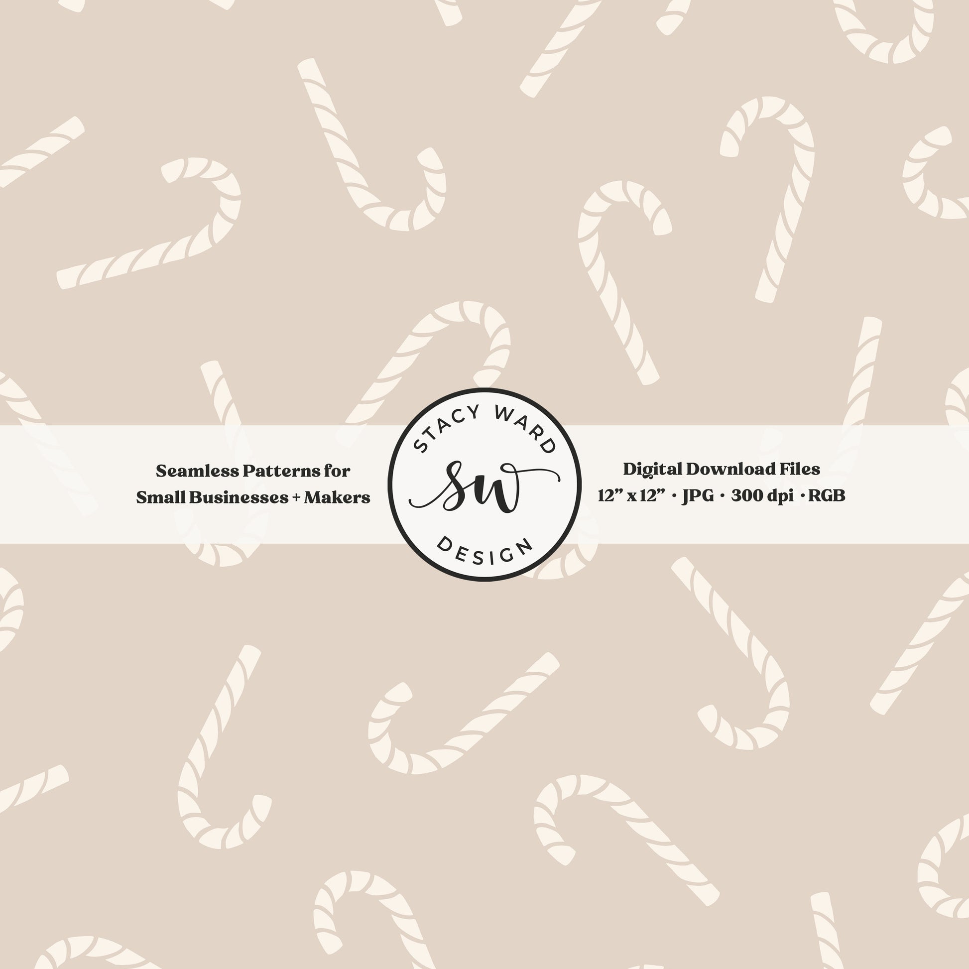 Scandinavian style candy canes seamless pattern in cream on soft brown for a whimsical, tossed allover winter print