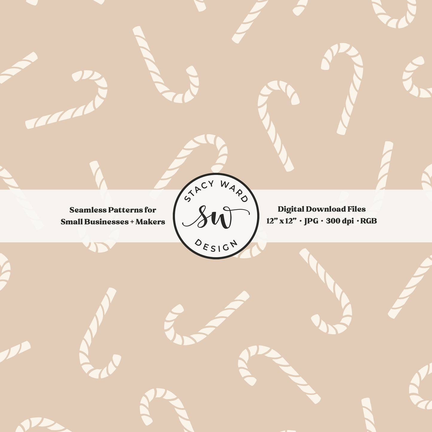 Scandinavian style candy canes seamless pattern in cream on neutral tan for a whimsical, tossed allover winter print