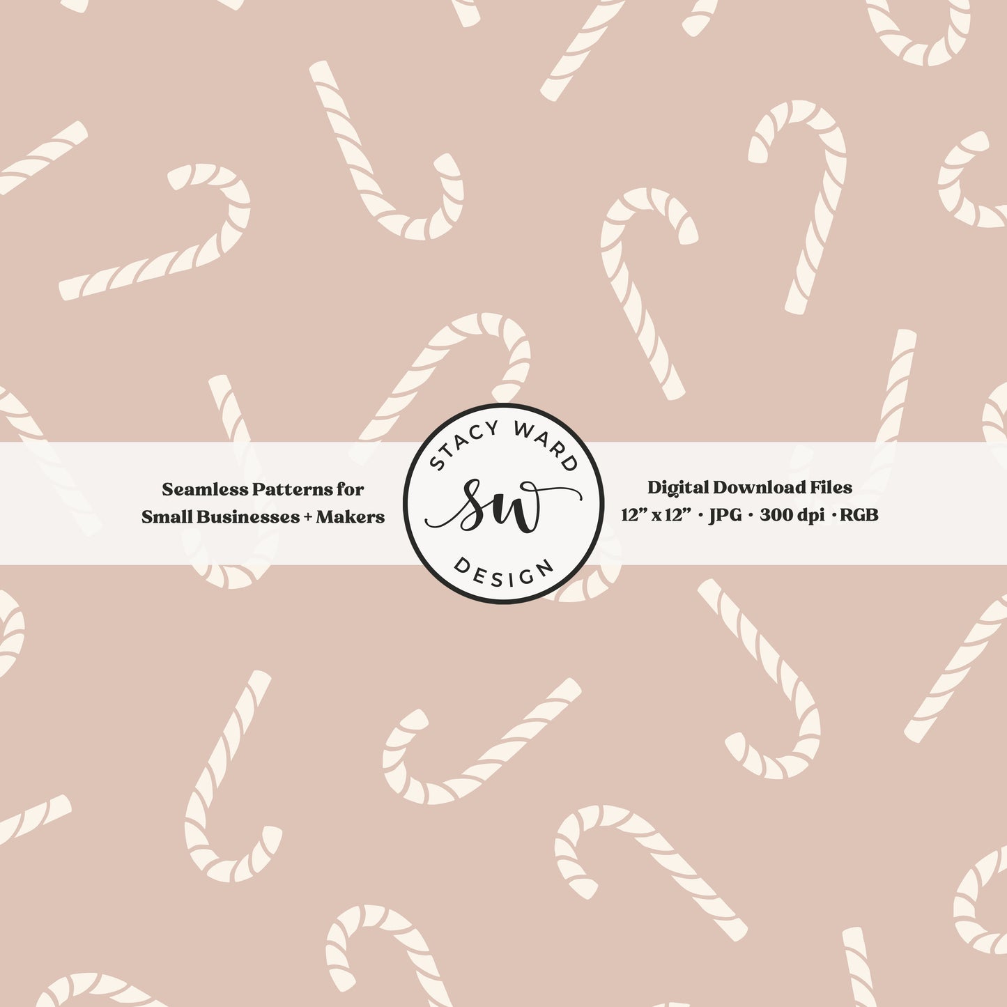 Scandinavian style candy canes seamless pattern in cream on muted dusty rose for a whimsical, tossed allover winter print