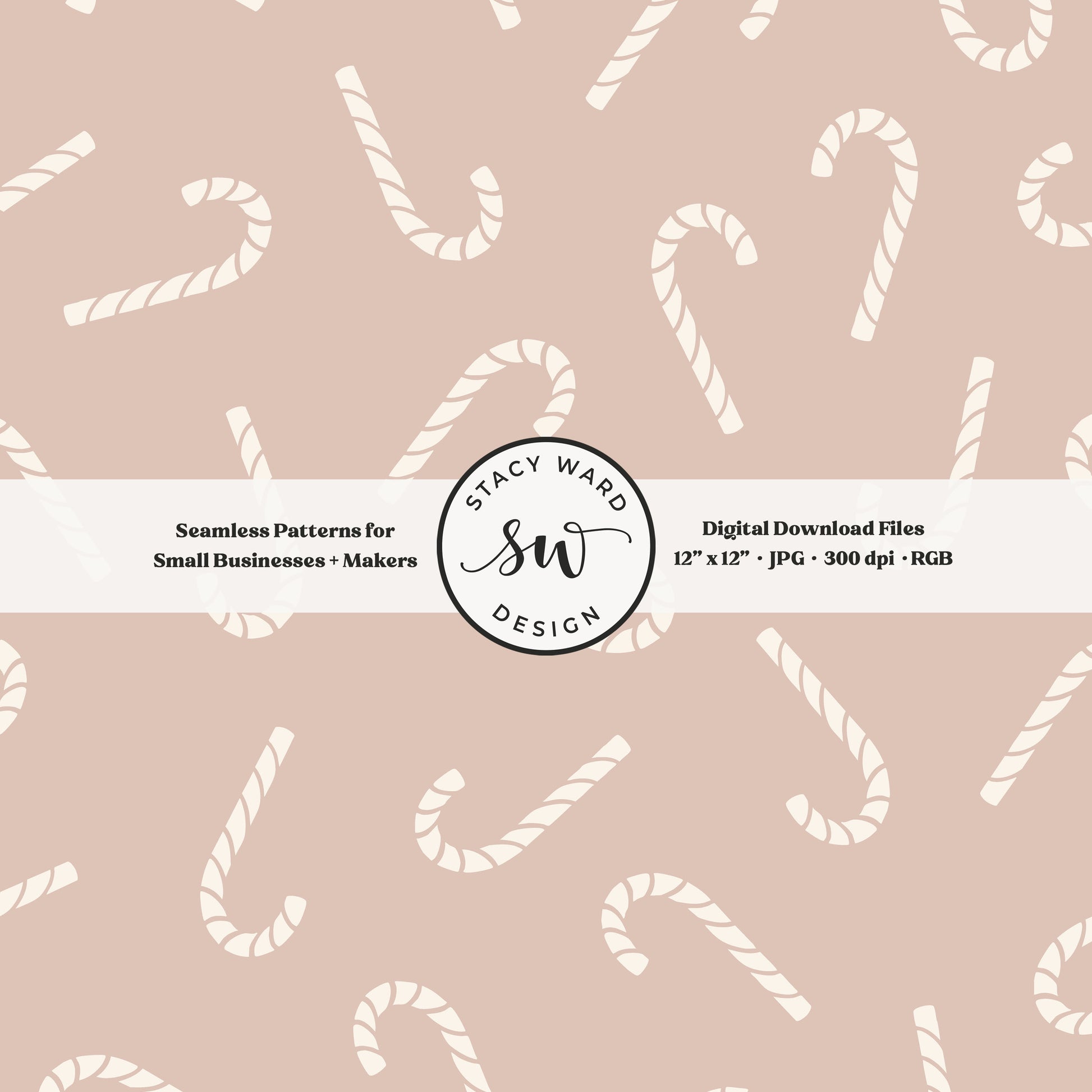 Scandinavian style candy canes seamless pattern in cream on muted dusty rose for a whimsical, tossed allover winter print