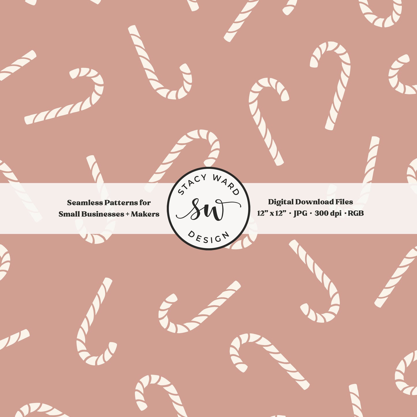 Scandinavian style candy canes seamless pattern in cream on dusky pink for a whimsical, tossed allover winter print