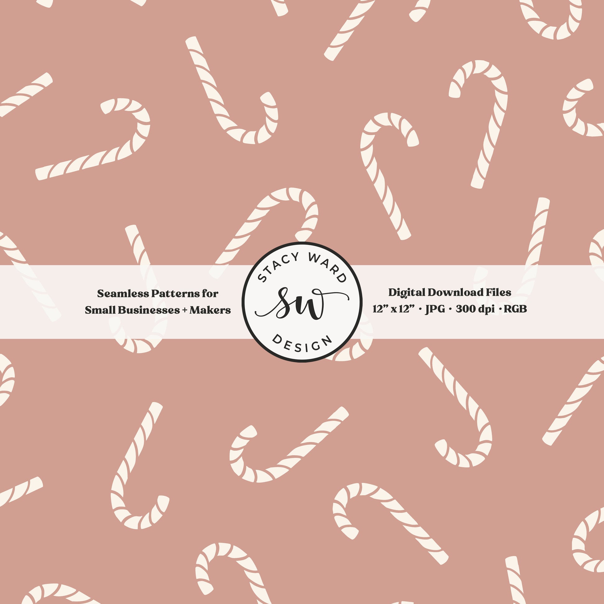 Scandinavian style candy canes seamless pattern in cream on dusky pink for a whimsical, tossed allover winter print