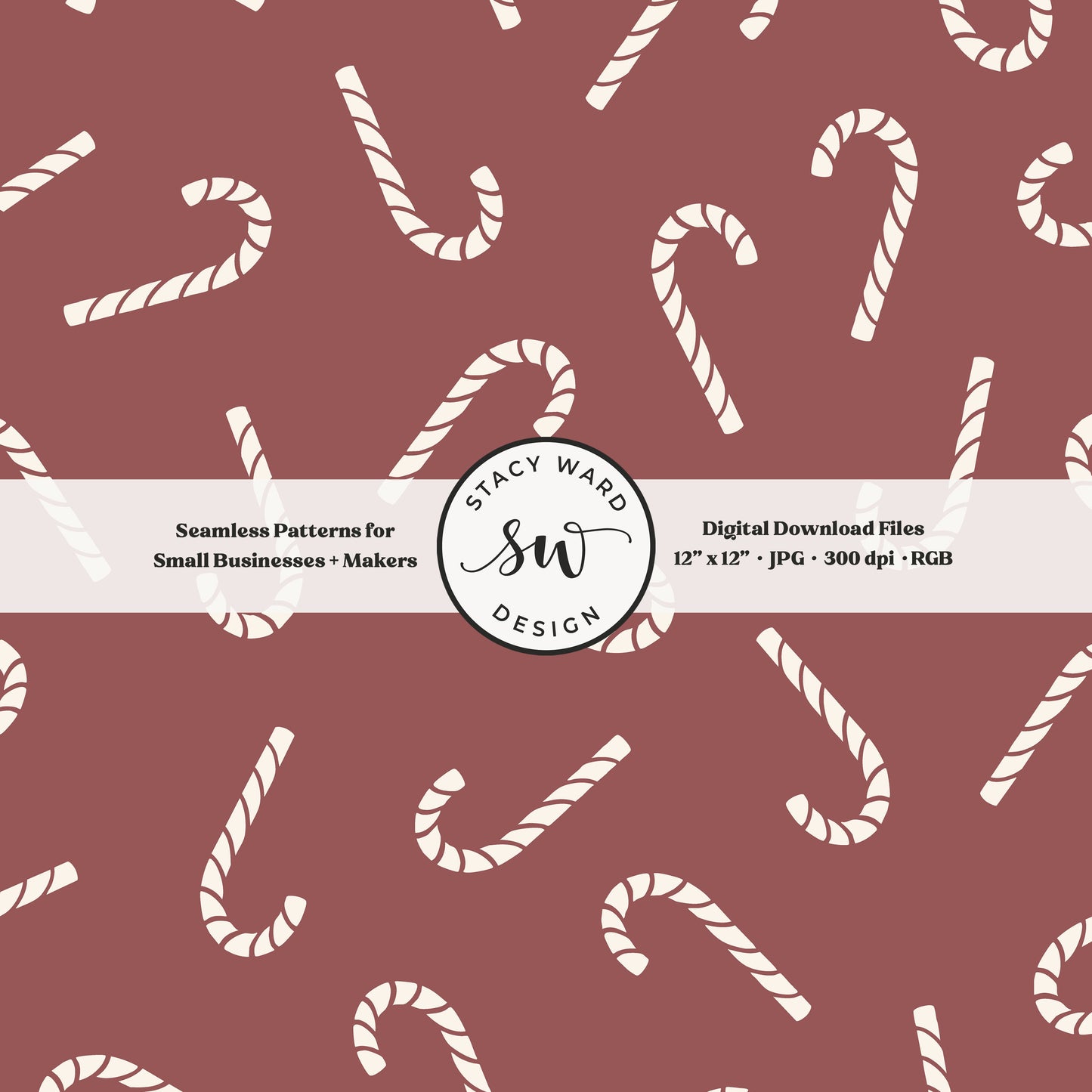 Scandinavian style candy canes seamless pattern in cream on burgundy for a whimsical, tossed allover winter print