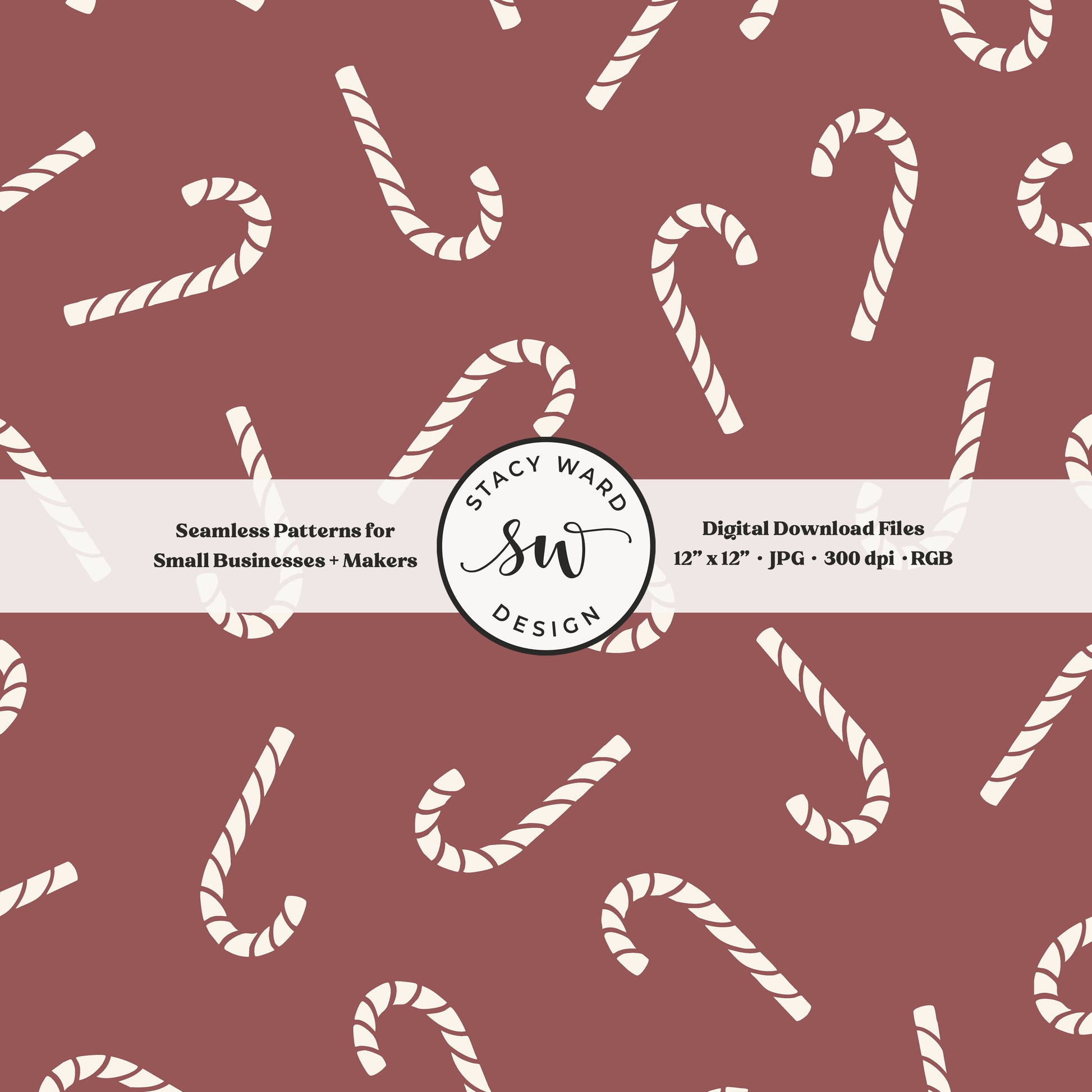 Scandinavian style candy canes seamless pattern in cream on burgundy for a whimsical, tossed allover winter print