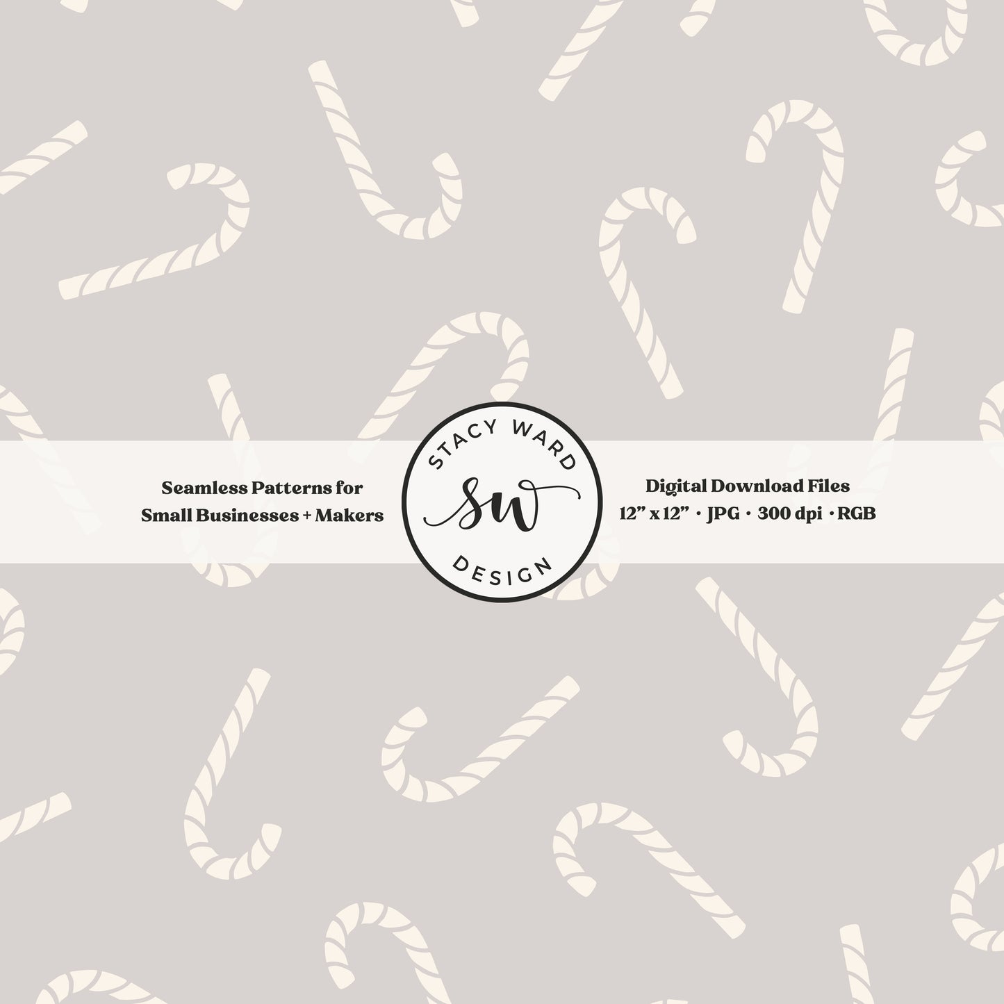 Scandinavian style candy canes seamless pattern in cream on soft gray for a whimsical, tossed allover winter print
