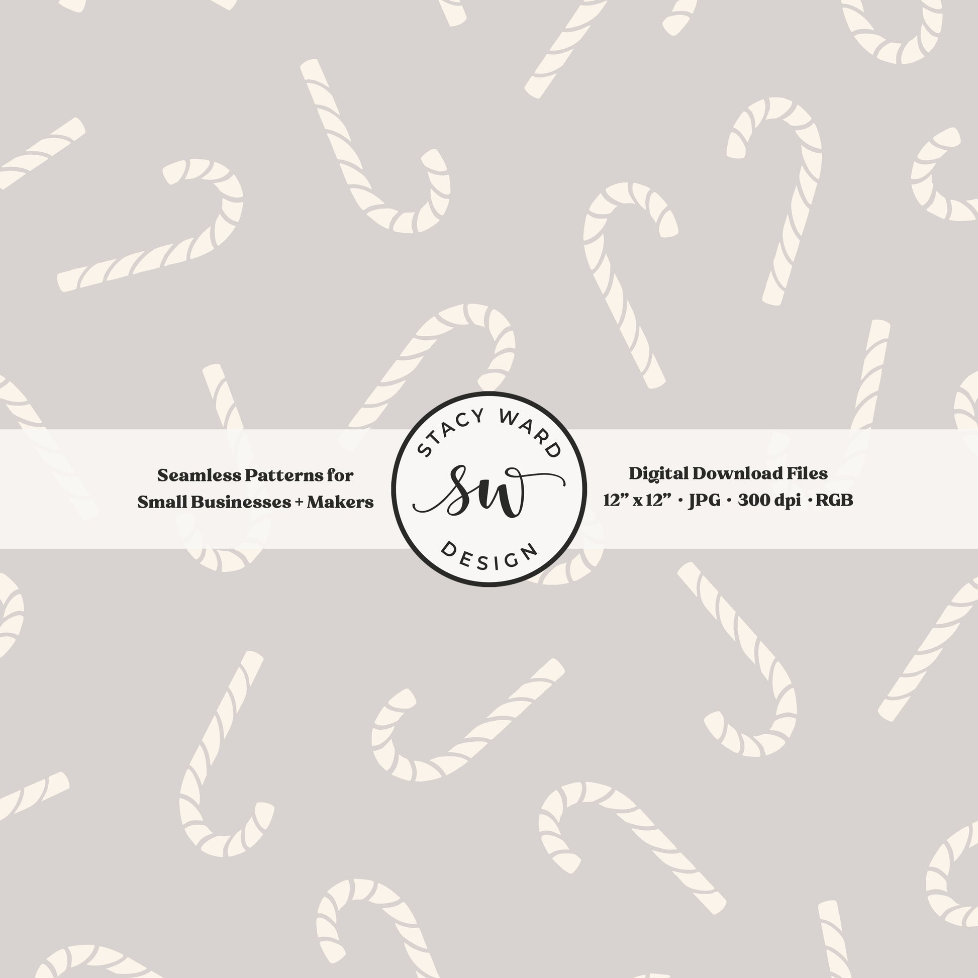 Scandinavian style candy canes seamless pattern in cream on soft gray for a whimsical, tossed allover winter print
