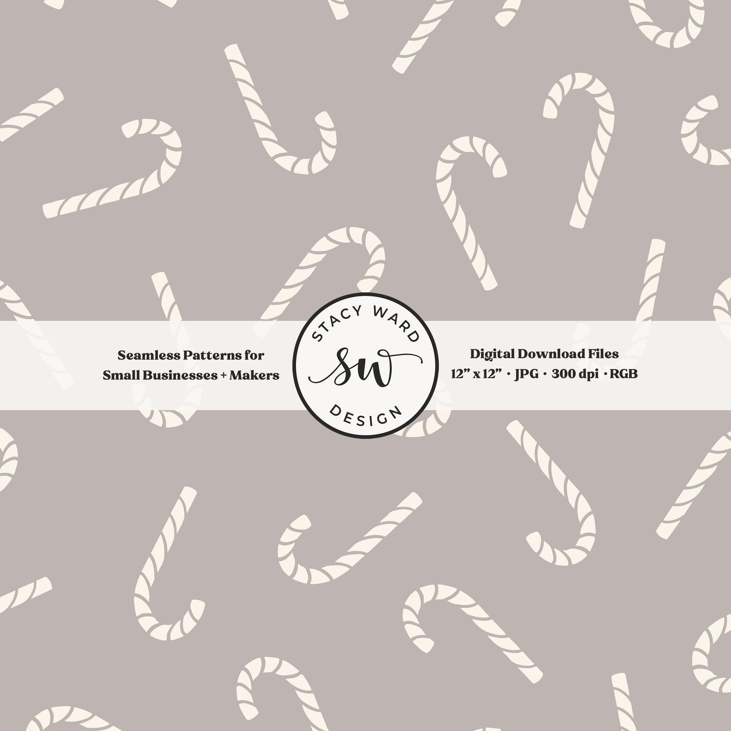 Scandinavian style candy canes seamless pattern in cream on muted taupe for a whimsical, tossed allover winter print