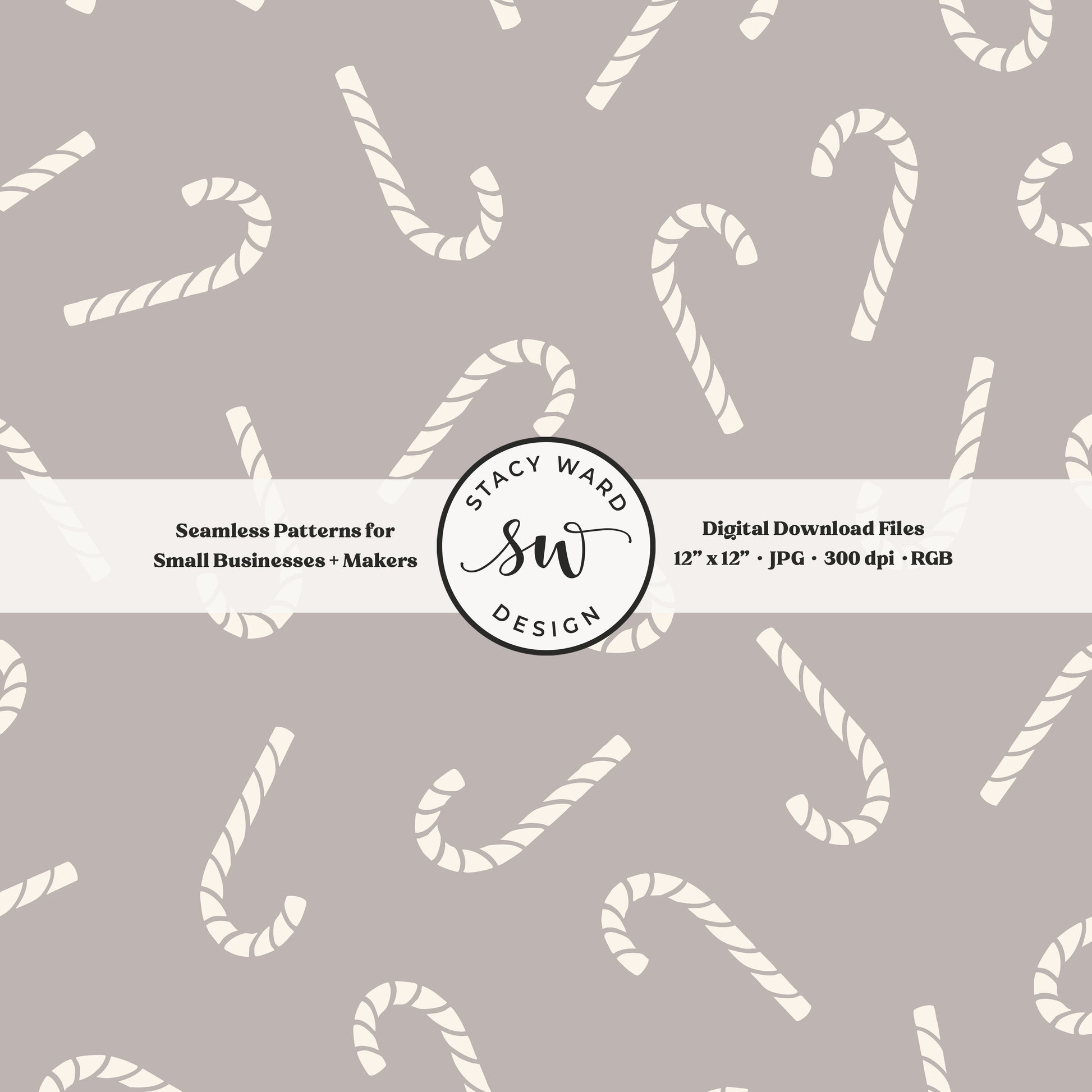 Scandinavian style candy canes seamless pattern in cream on muted taupe for a whimsical, tossed allover winter print