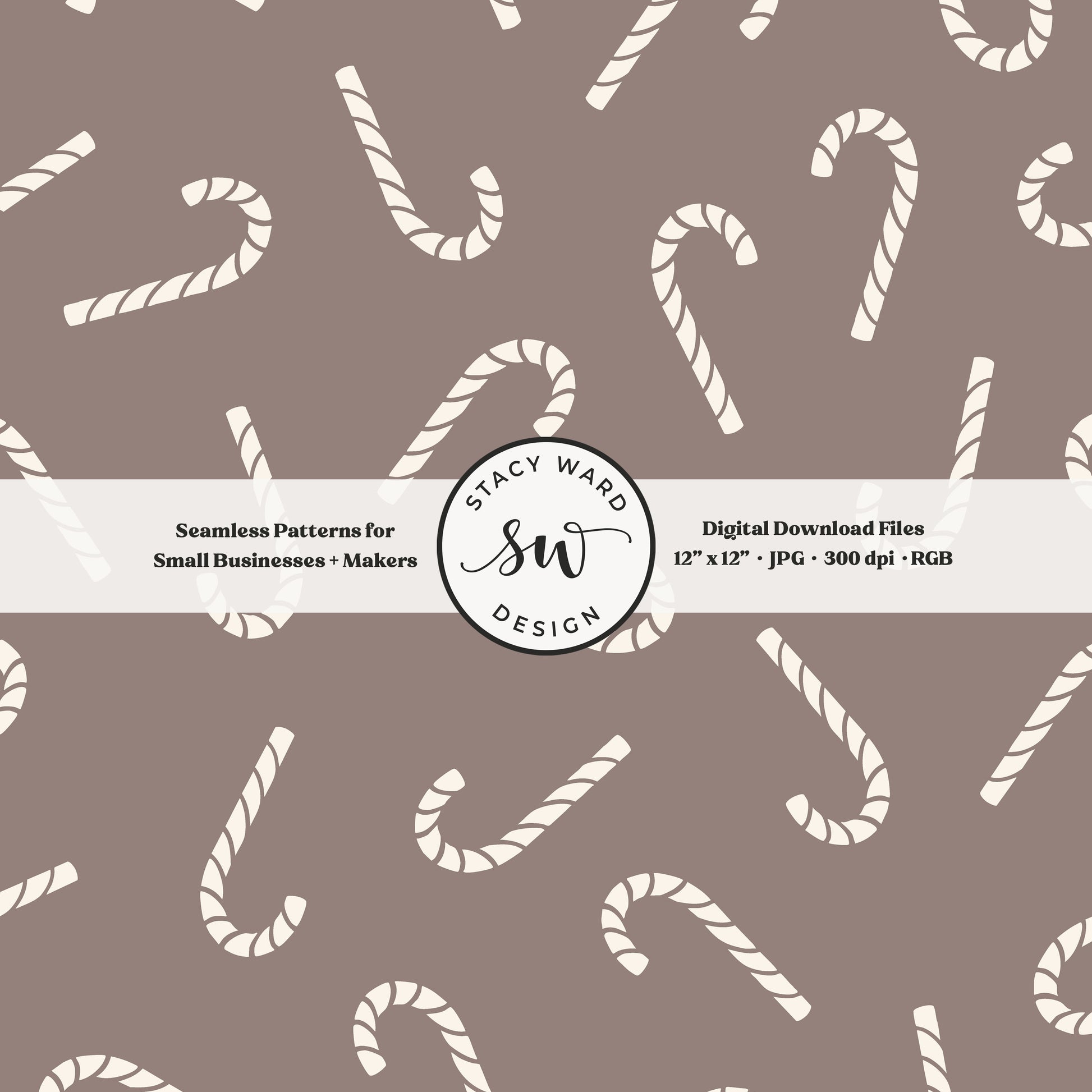 Scandinavian style candy canes seamless pattern in cream on taupe beige for a whimsical, tossed allover winter print
