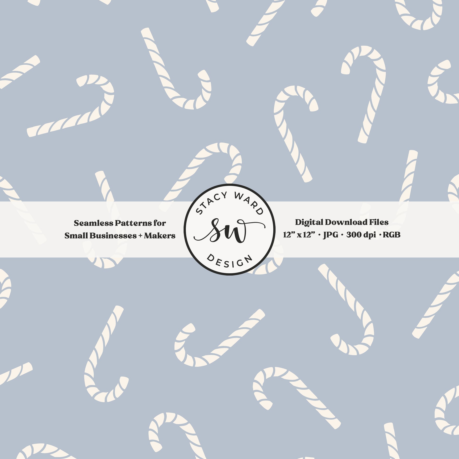 Scandinavian style candy canes seamless pattern in cream on pastel blue for a whimsical, tossed allover winter print