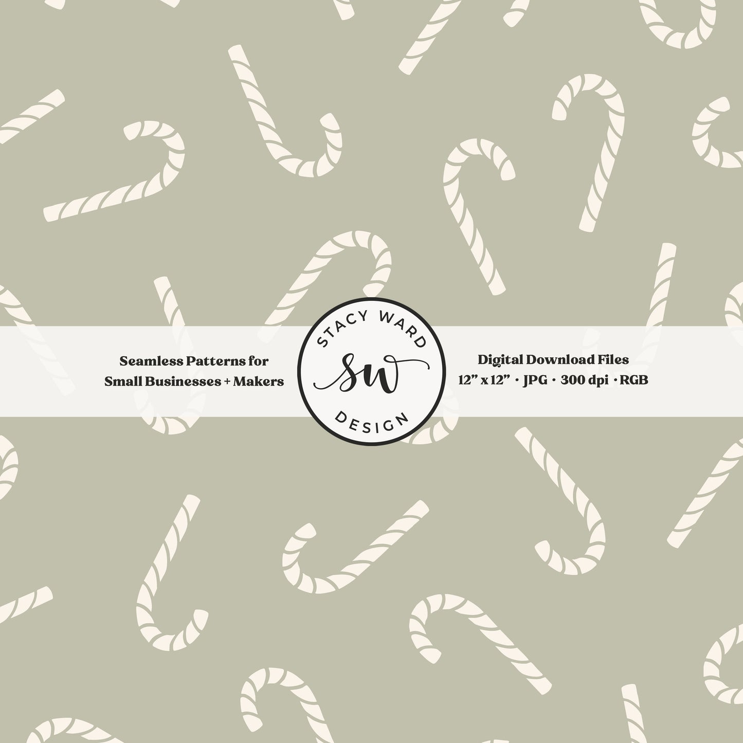 Scandinavian style candy canes seamless pattern in cream on sage green for a whimsical, tossed allover winter print
