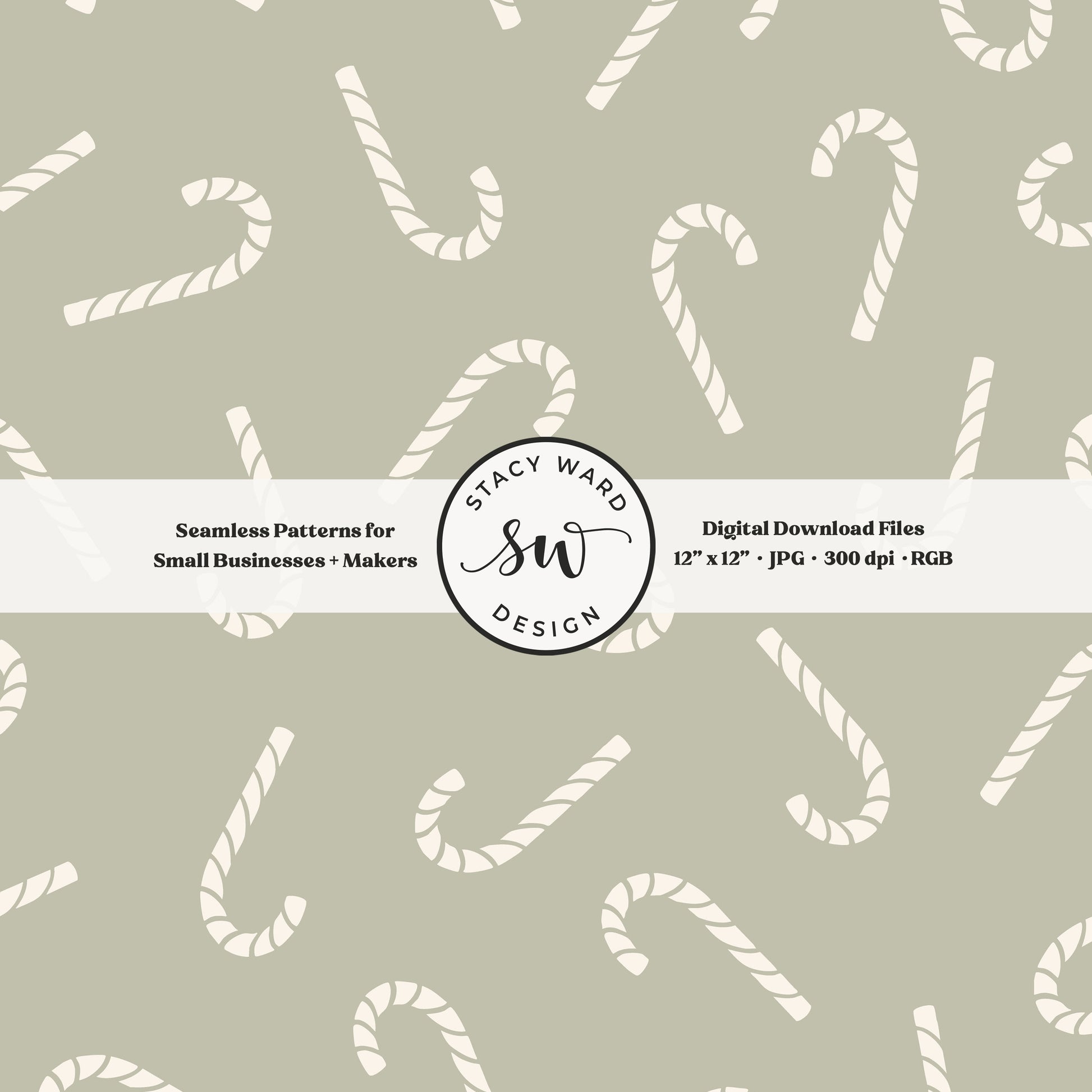 Scandinavian style candy canes seamless pattern in cream on sage green for a whimsical, tossed allover winter print